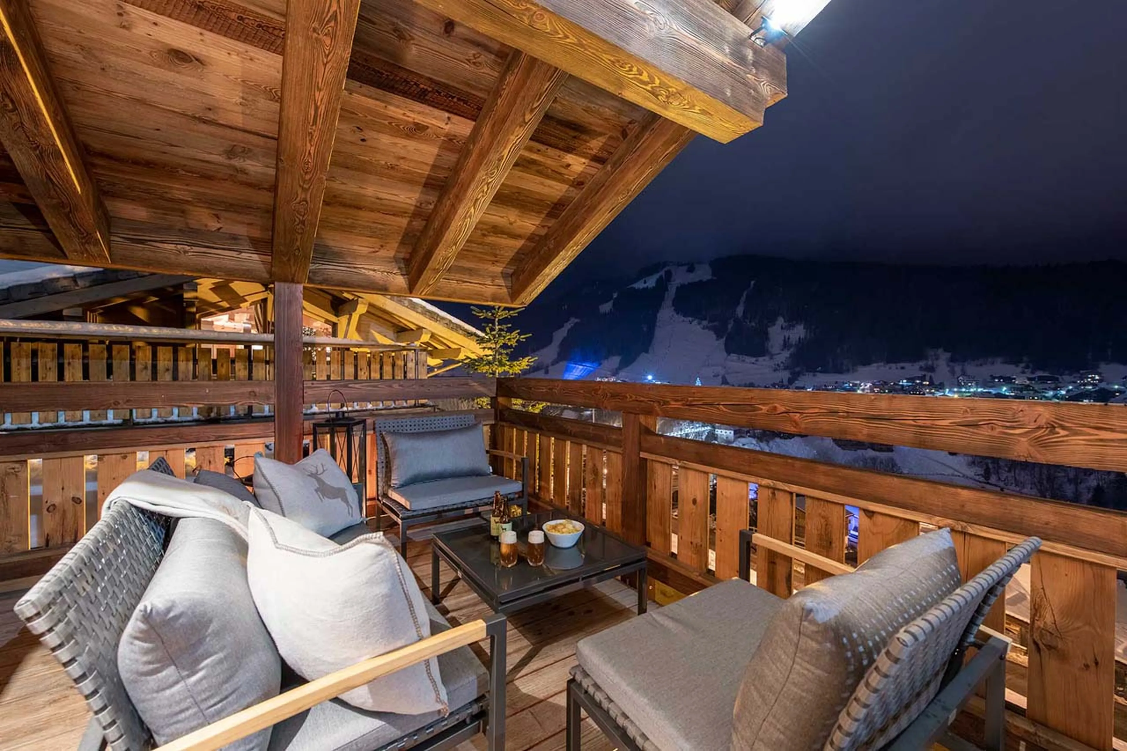 Balcony at night from Chalet Three Bears in Morzine