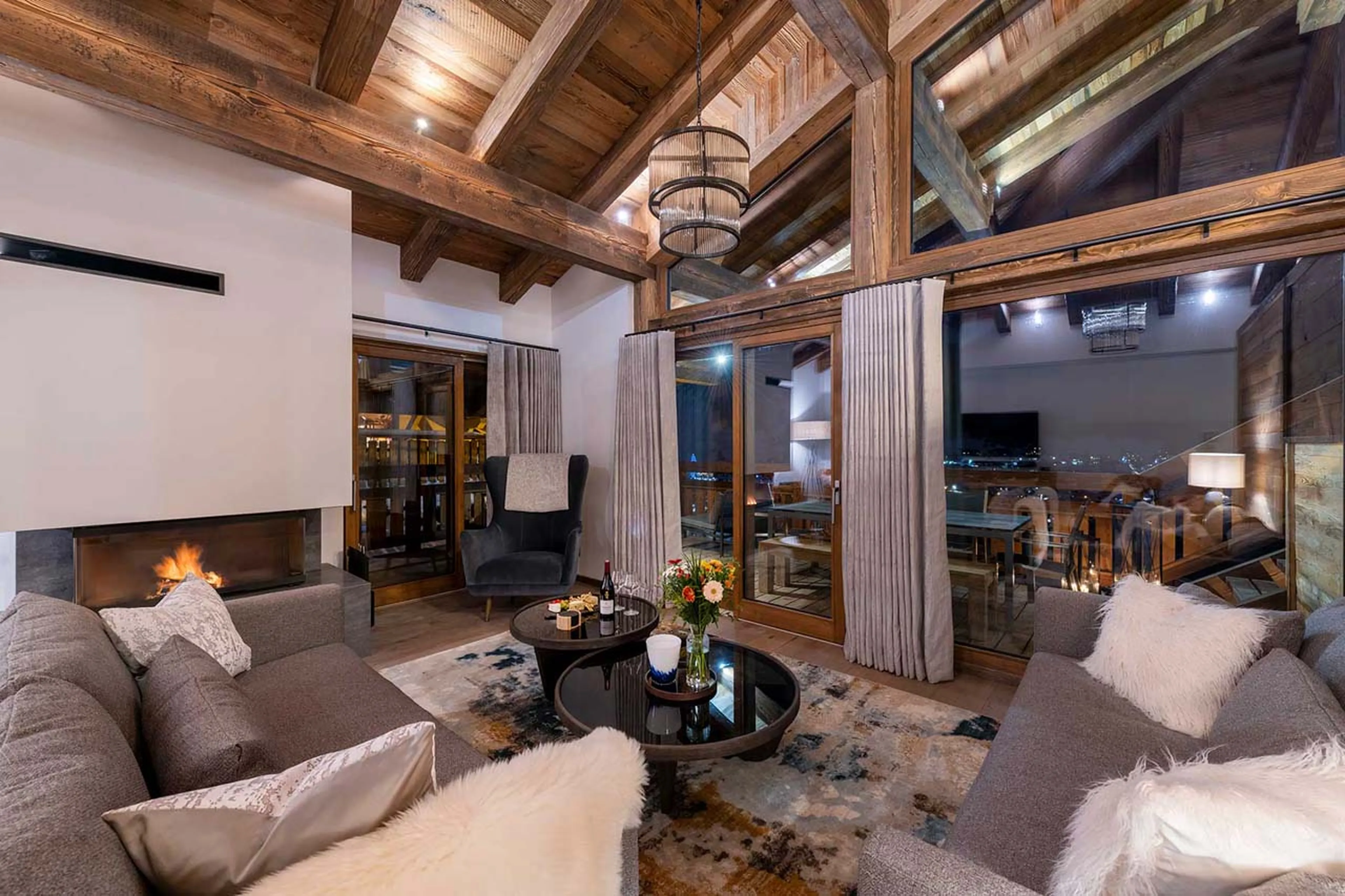 Living room at night in Chalet Three Bears in Morzine