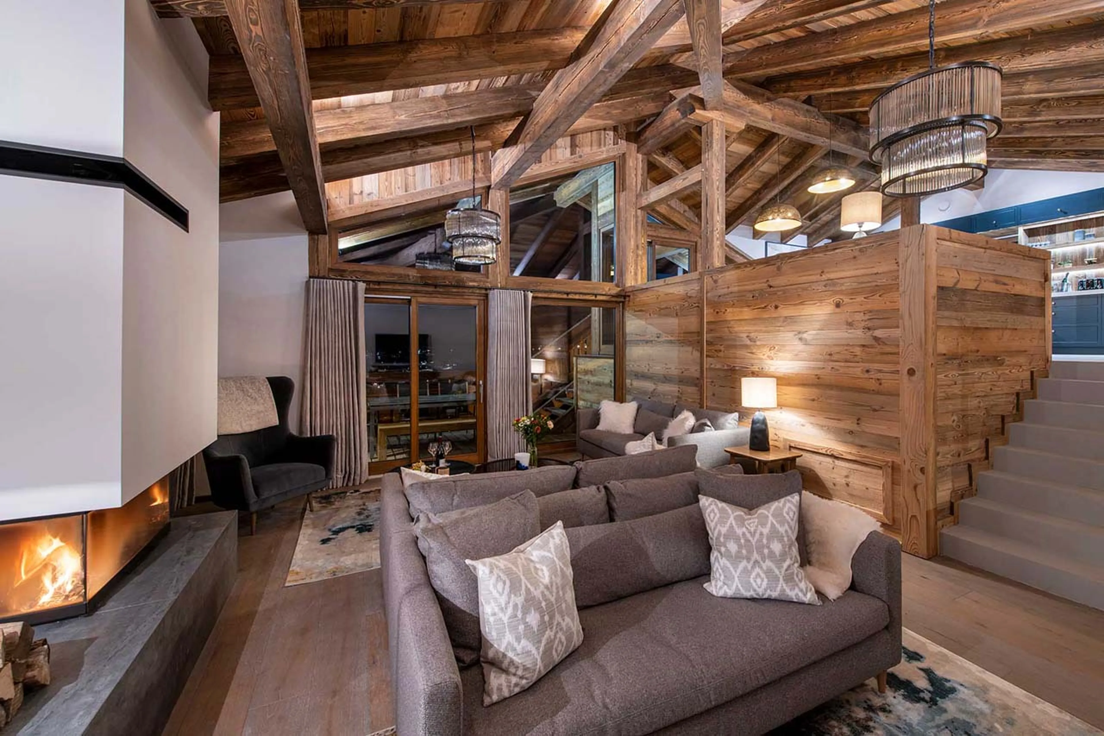 Stairs lead up to dining area of Chalet Three Bears in Morzine