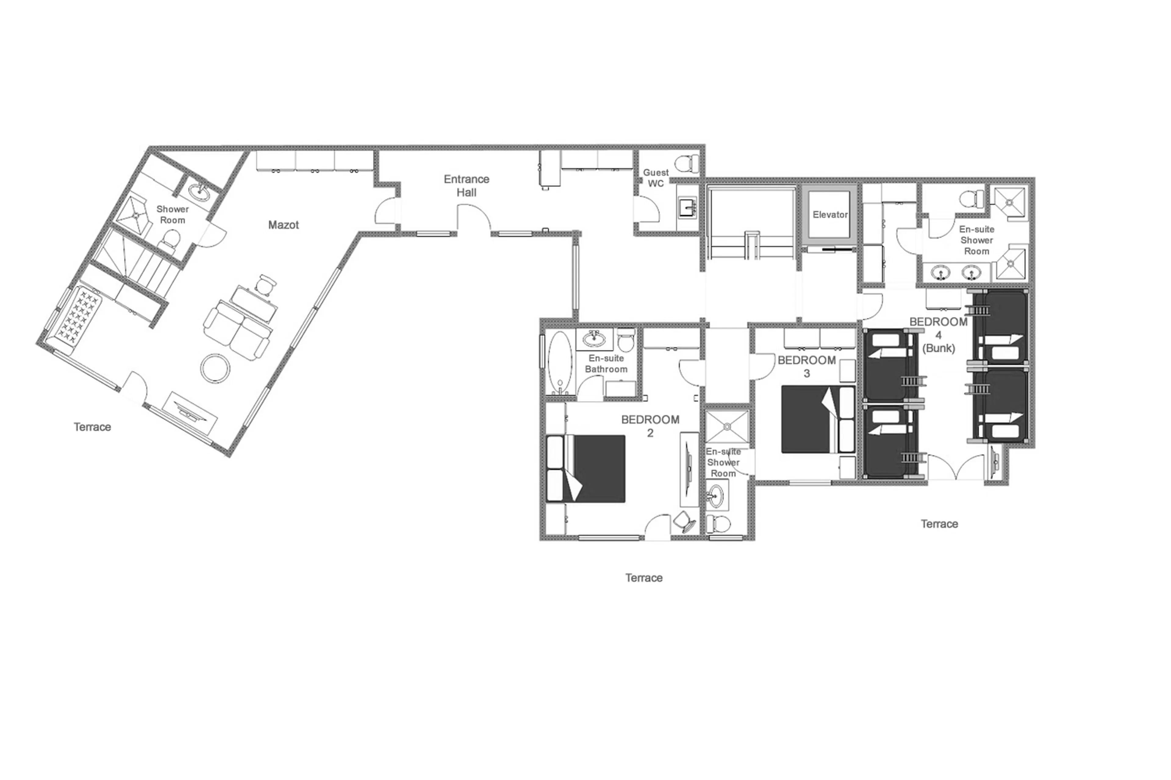 Level 0 floor plan of Chalet Tigre in Verbier