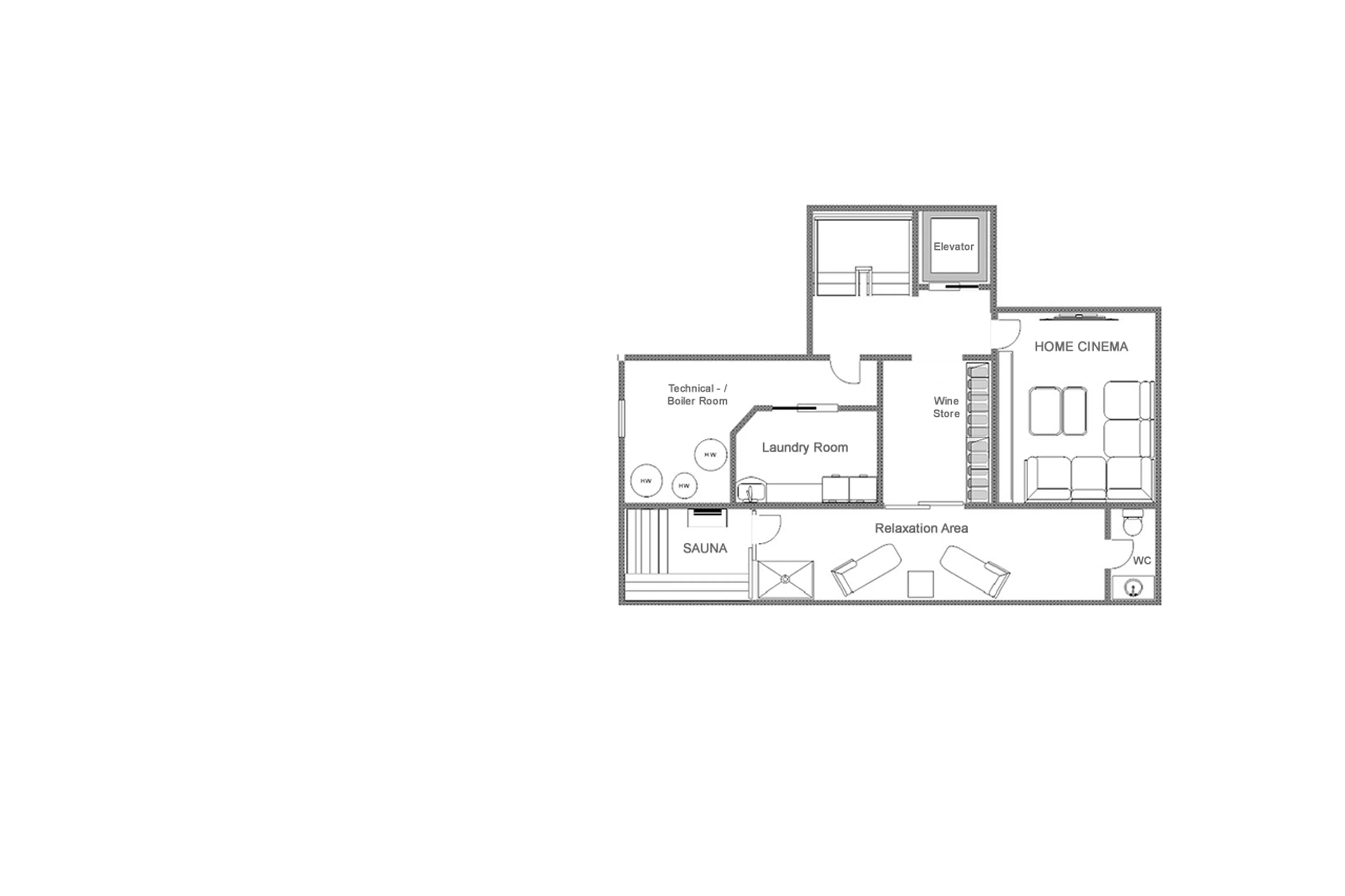 Level -1 floor plan of Chalet Tigre in Verbier
