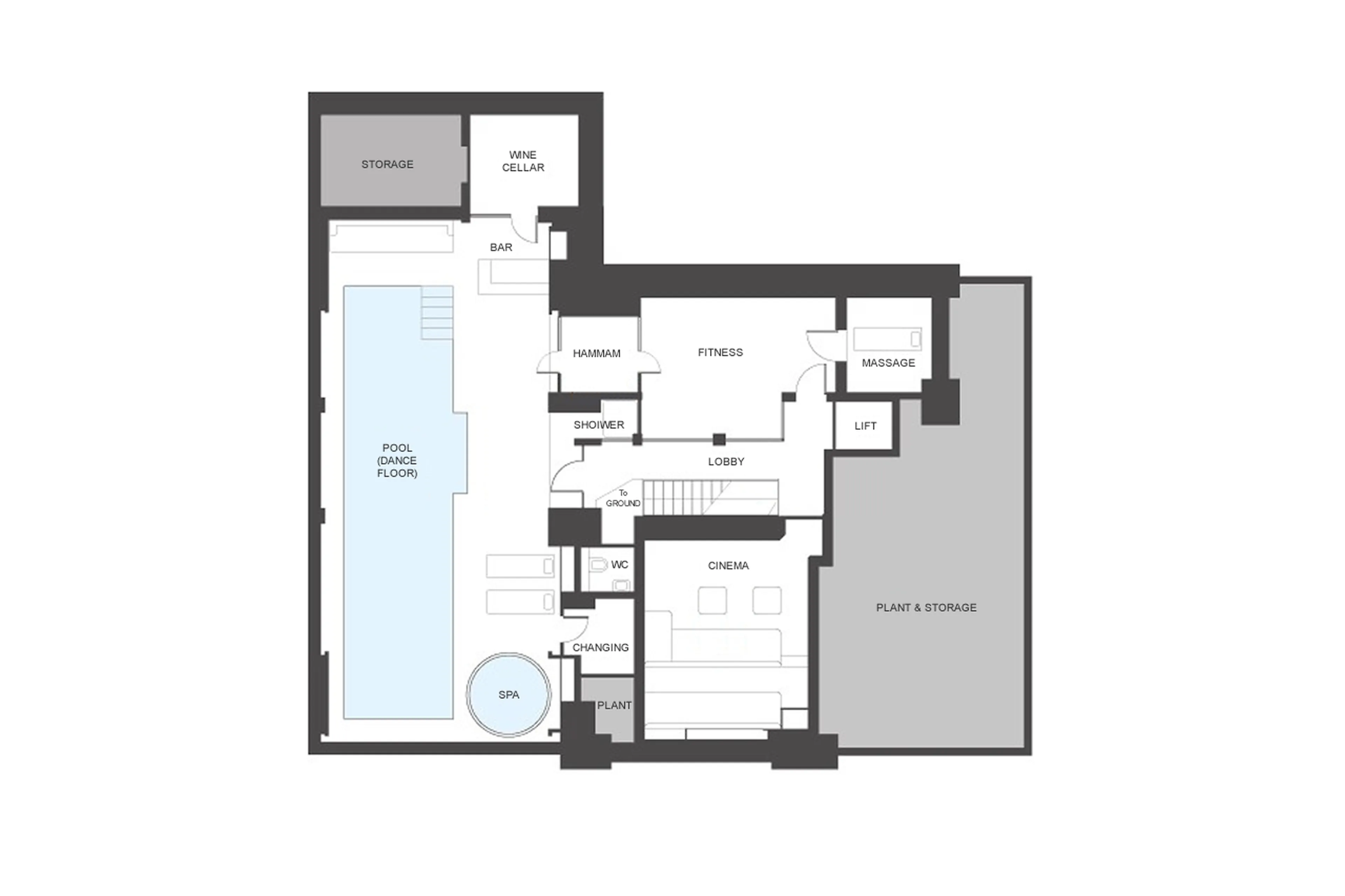 Level -1 floor plan of Chalet Tobenjofi in Courchevel 1850