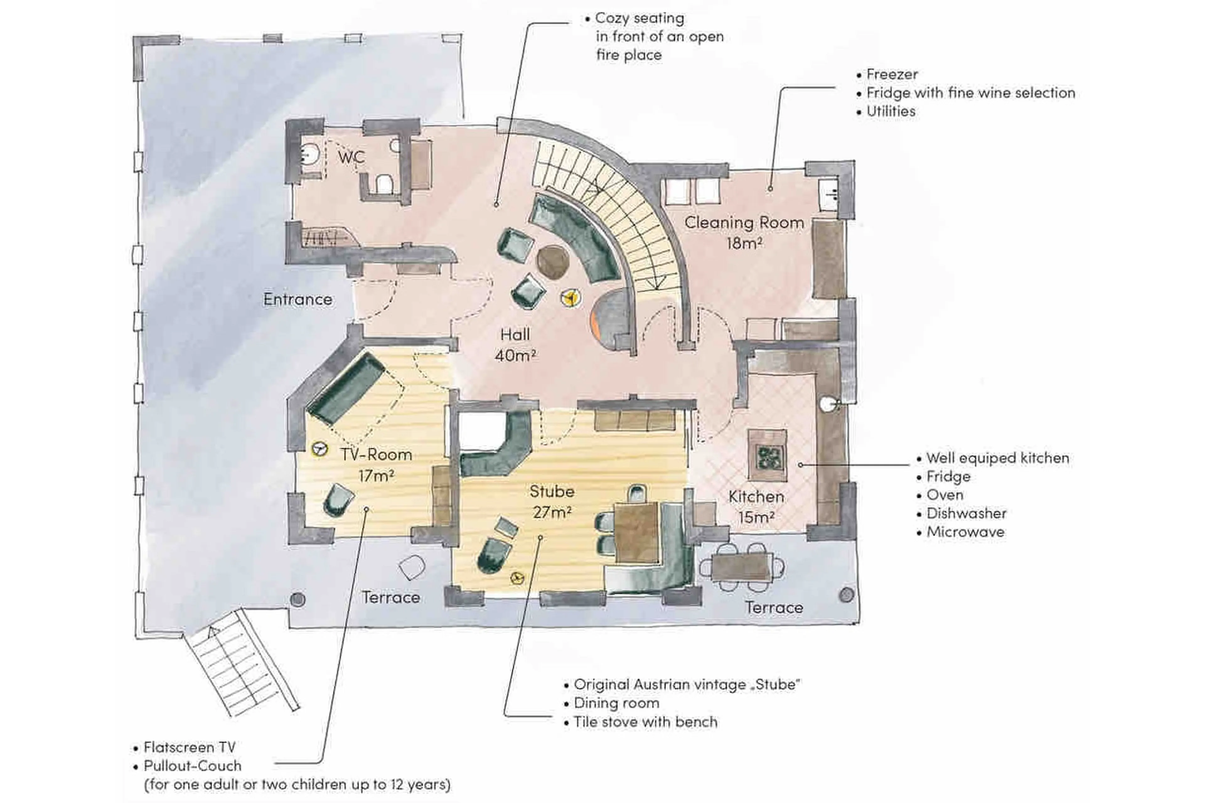 Level 0 floor plan of Chalet Toda in Lech