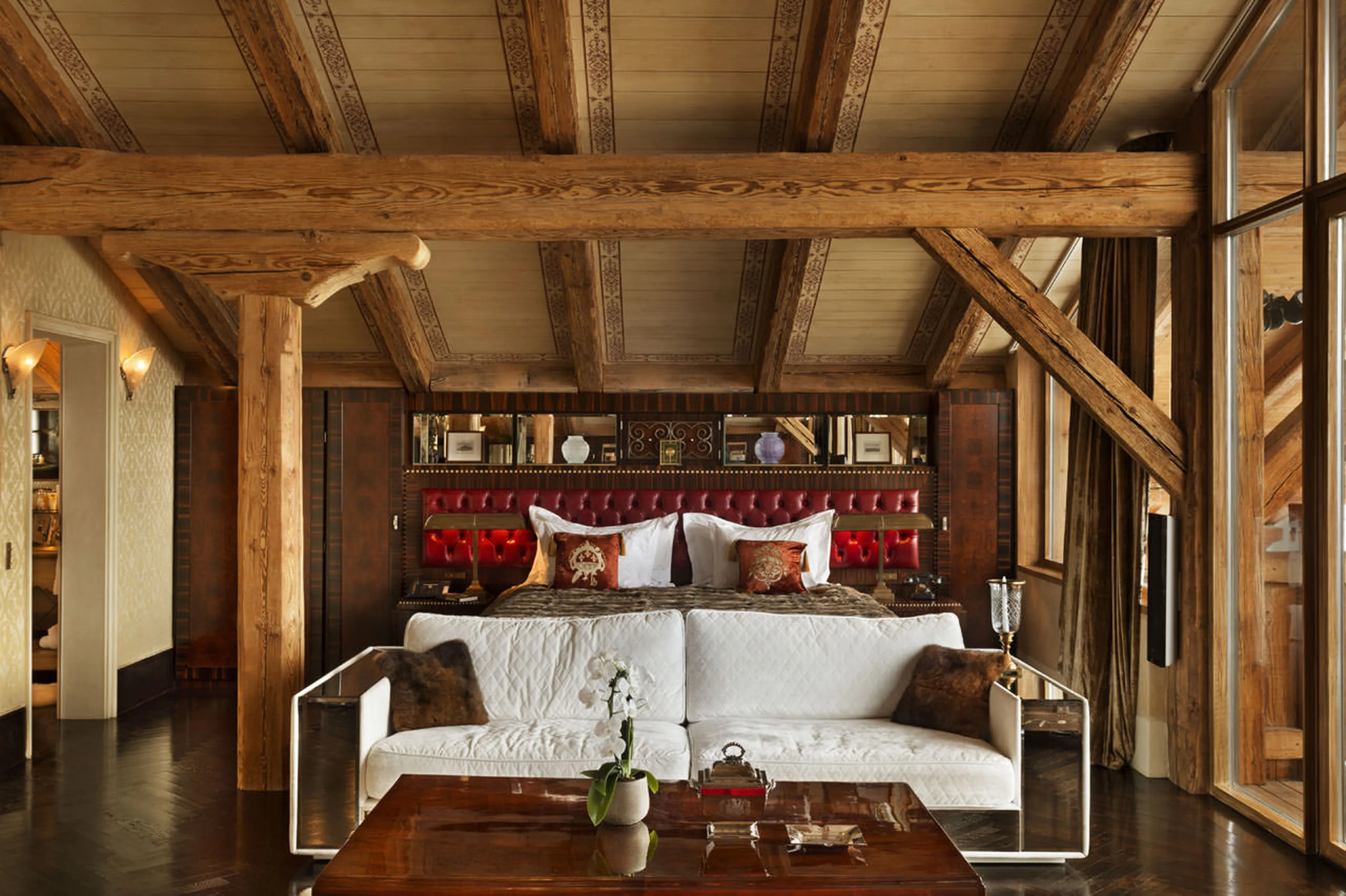 Double bed in master bedroom of Chalet Truffe Blanche in Verbier