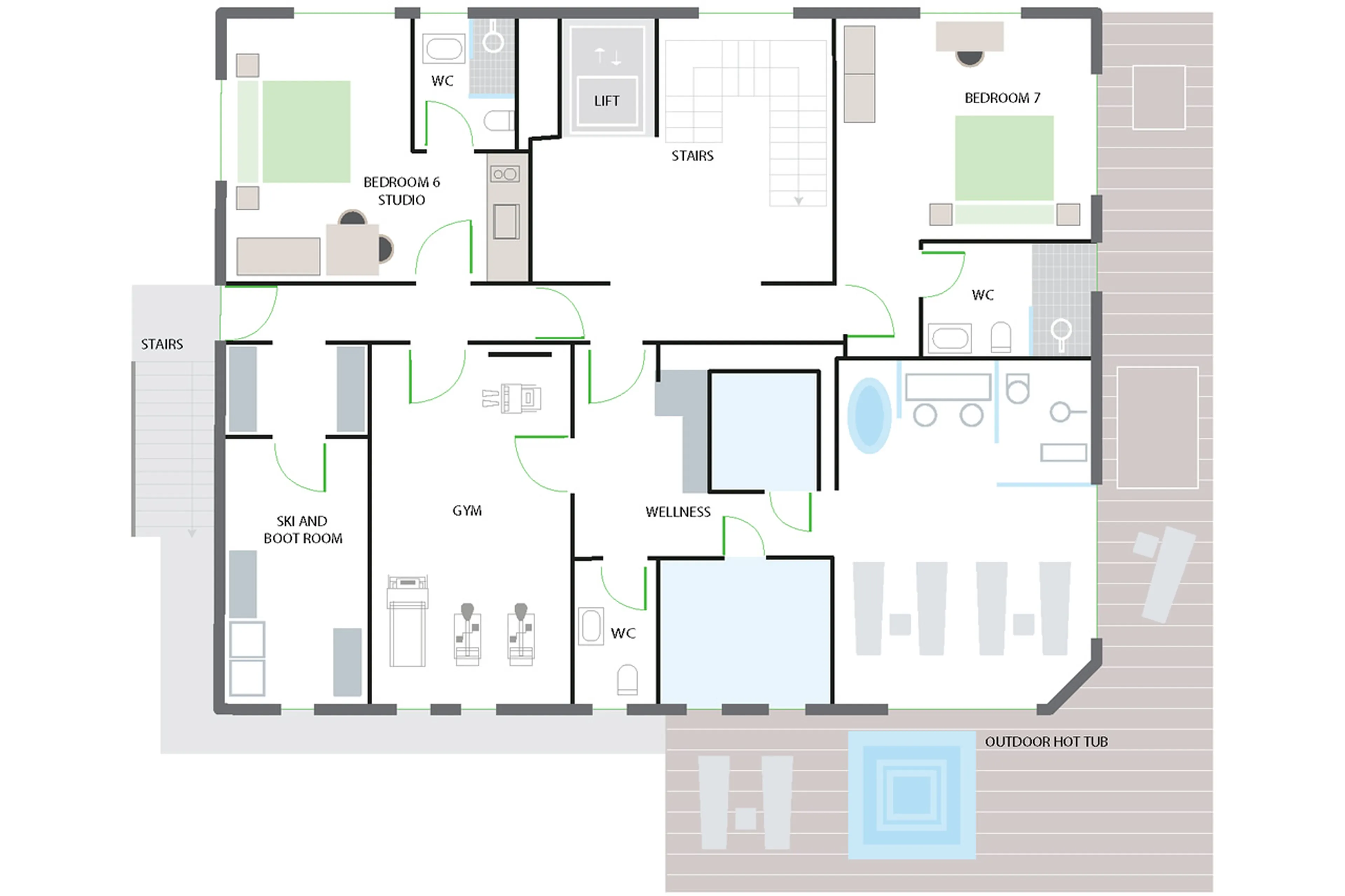 Lower ground floor plan of Chalet Tuftra Findelbach in Zermatt