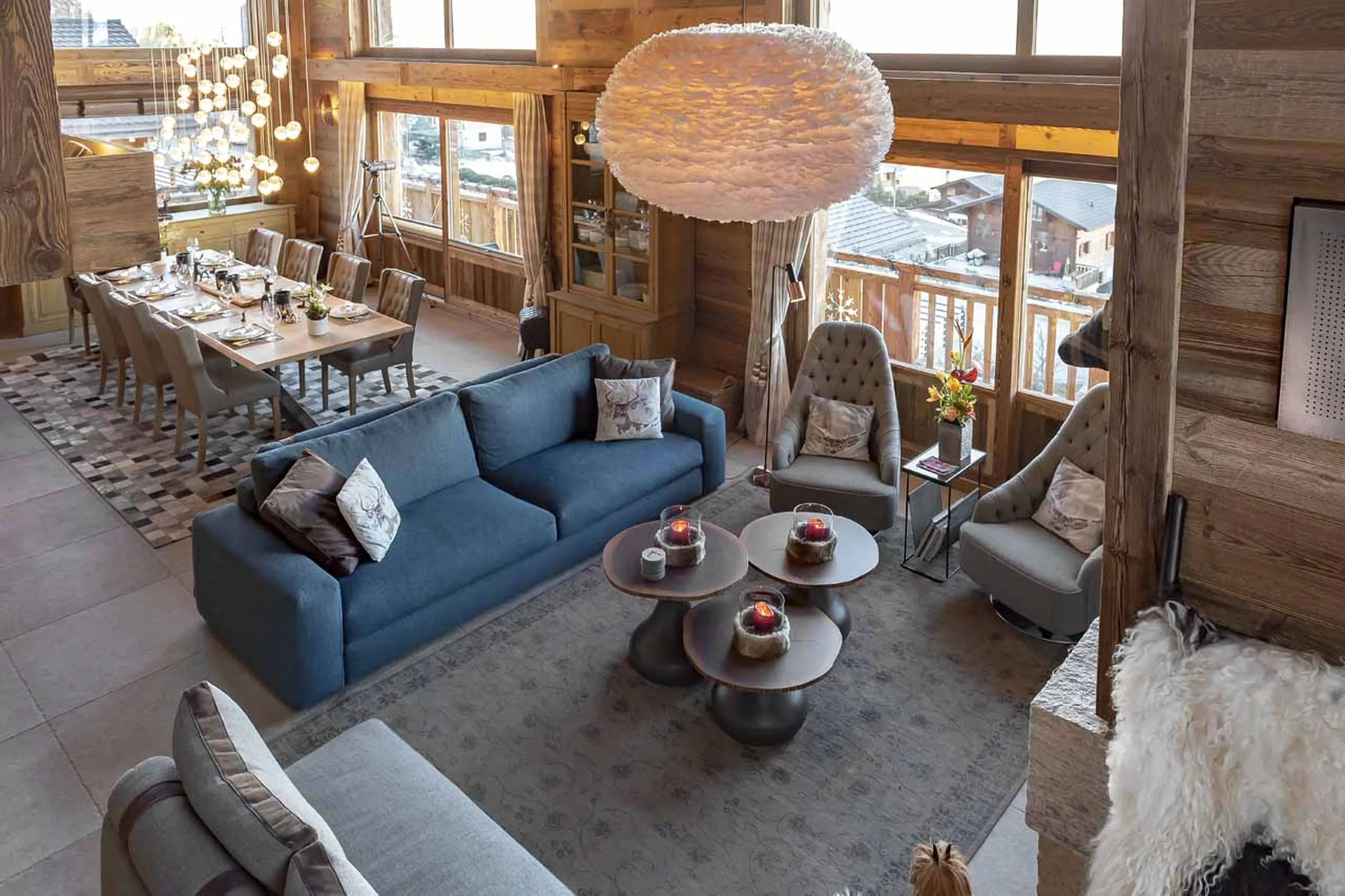 Aerial view of open plan living area at Chalet V in La Tzoumaz