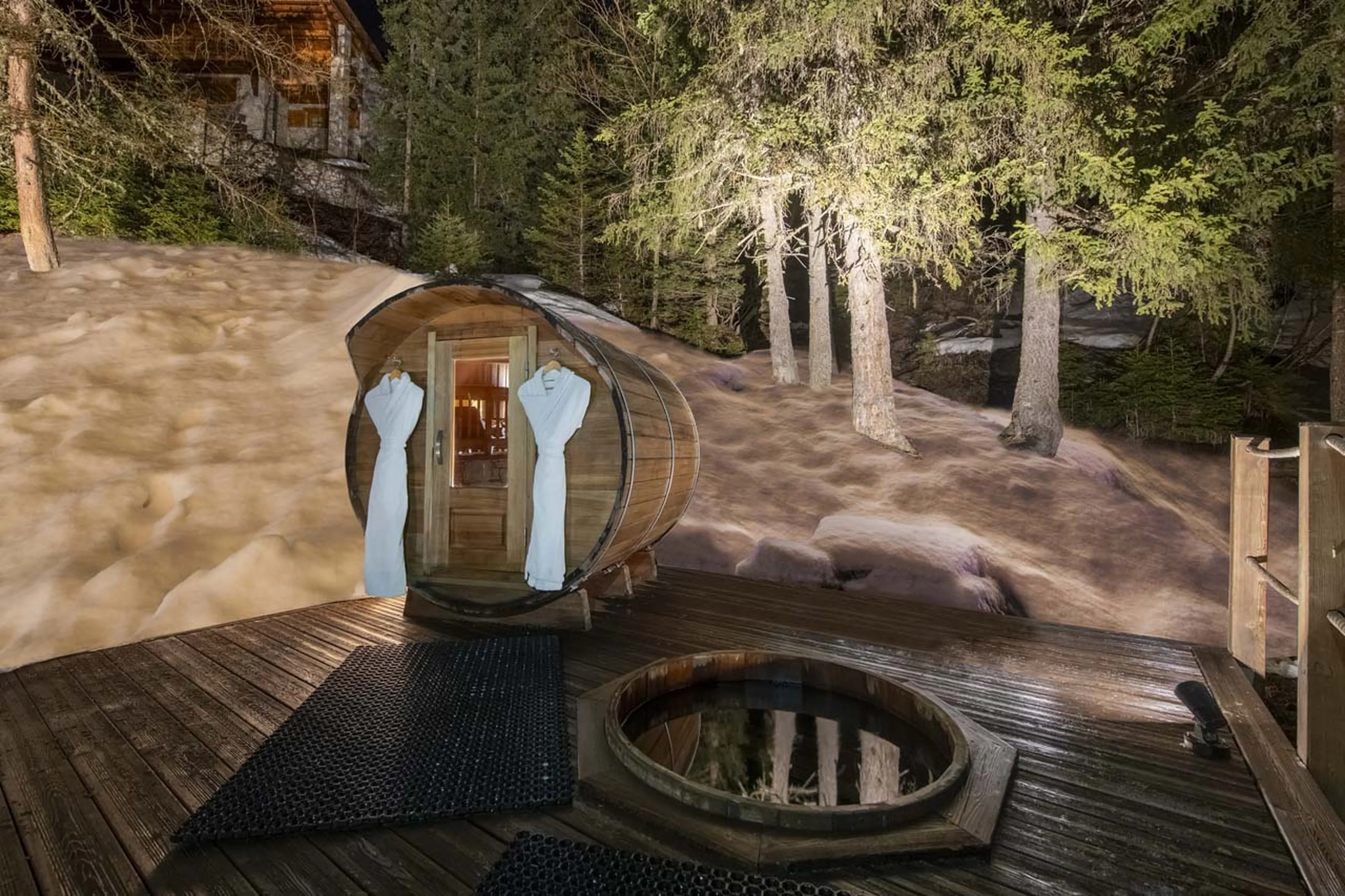 Barrel sauna and plunge pool at Chalet Valentine in Meribel