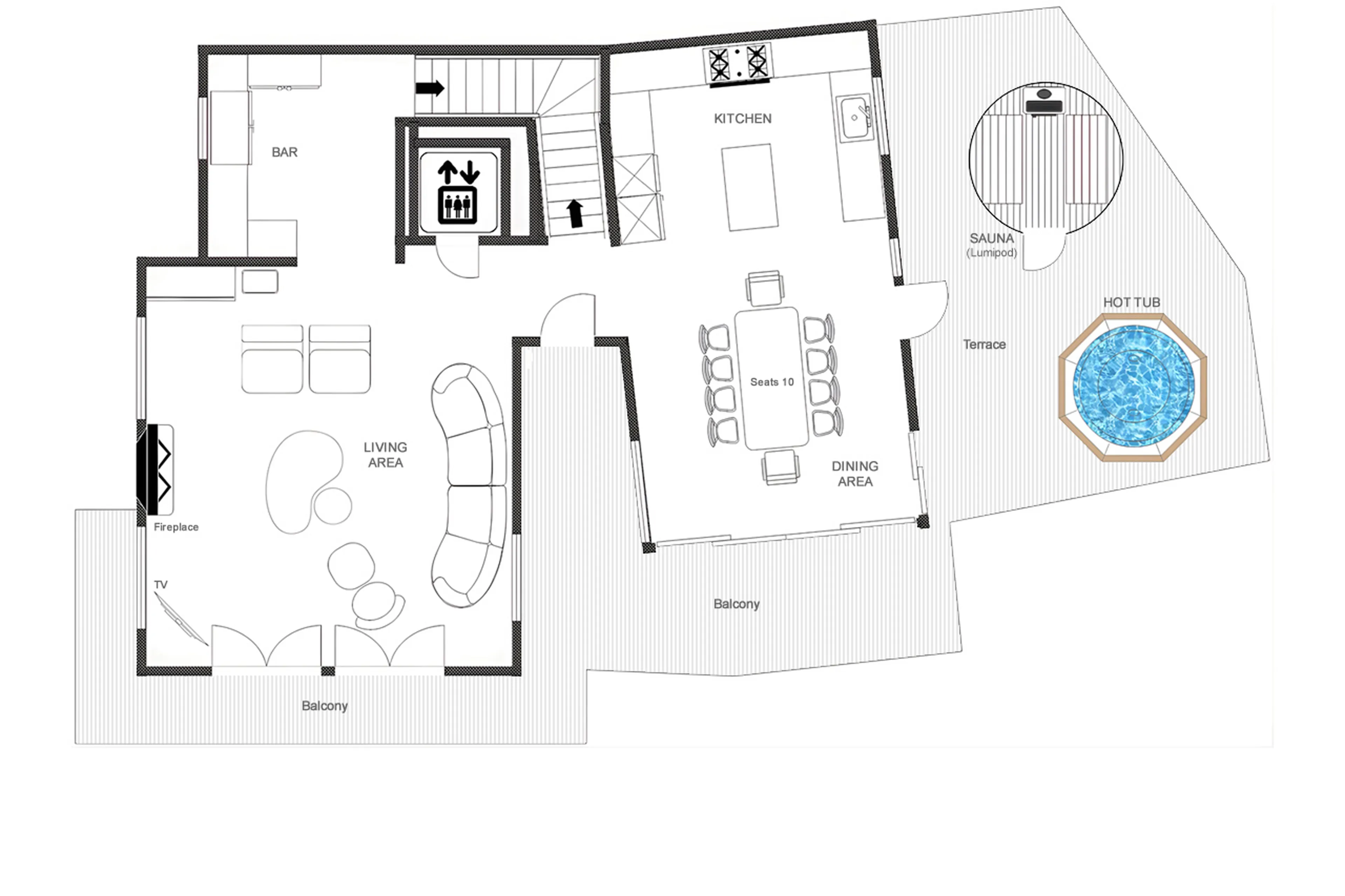 Level 1 floor plan of Chalet D'Arbi in Verbier
