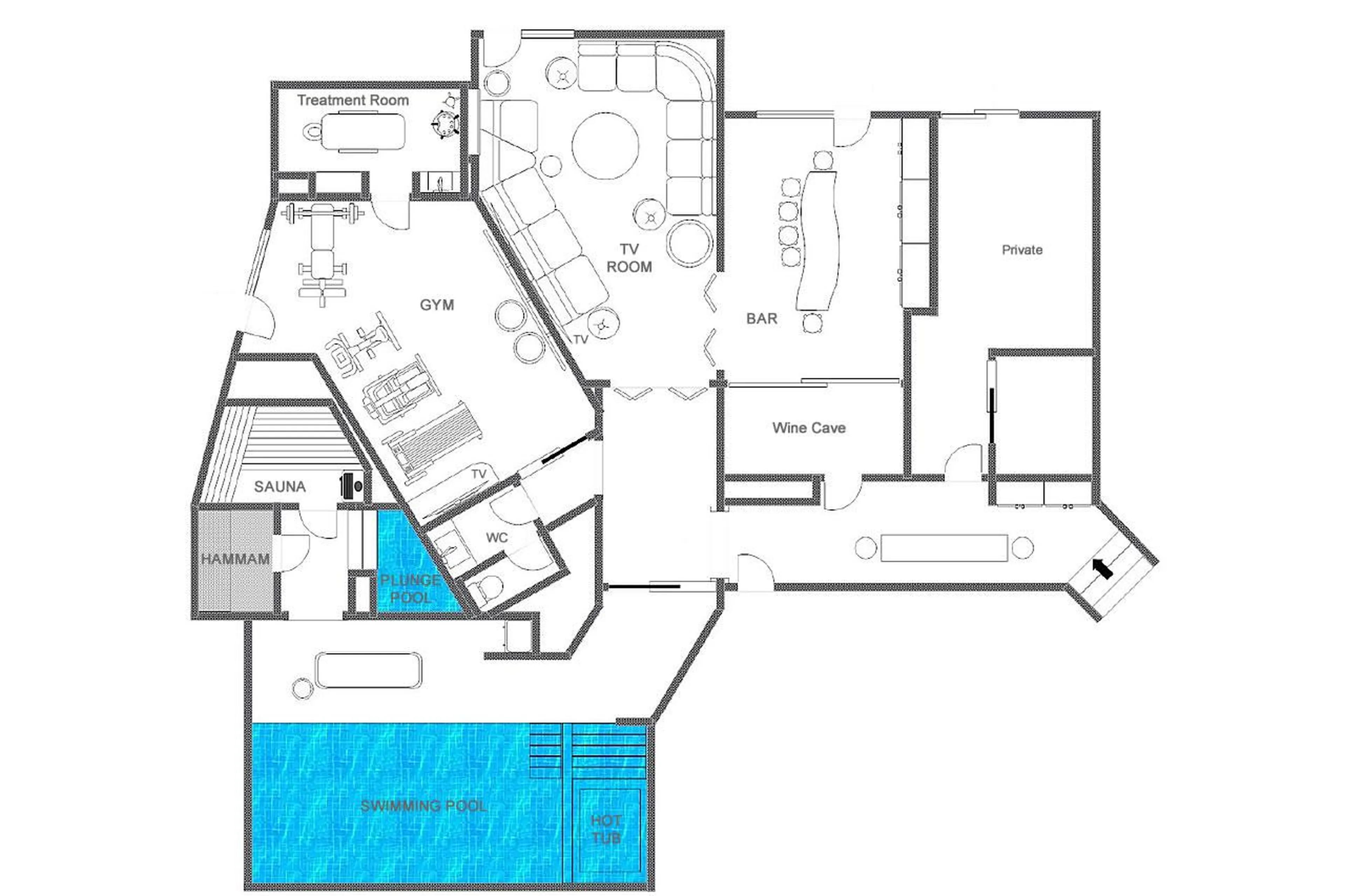 Level -1 floor plan of Chalet Vicuna in Verbier