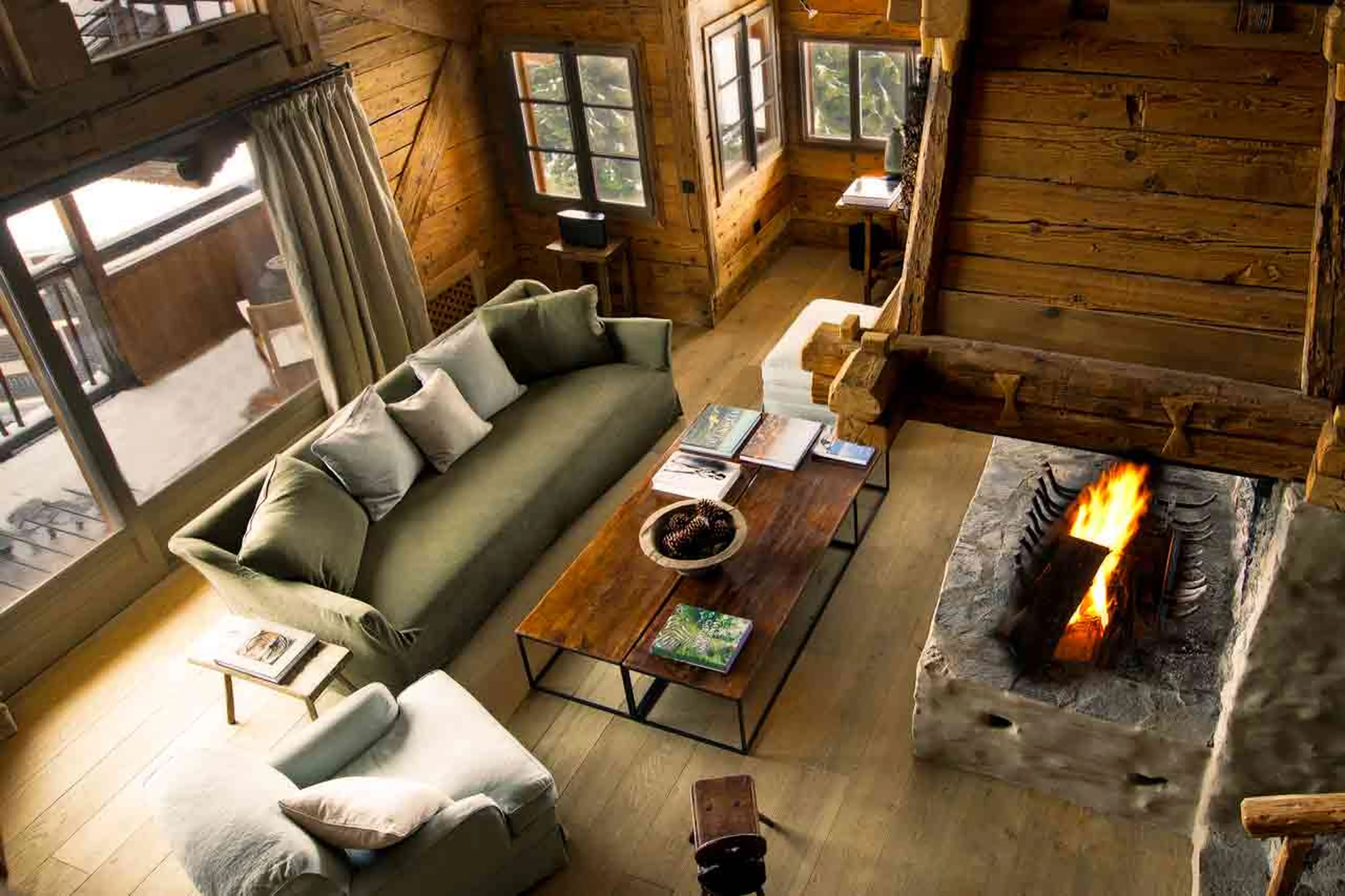 Aerial view of living room at Le Chalet Zannier in Megeve