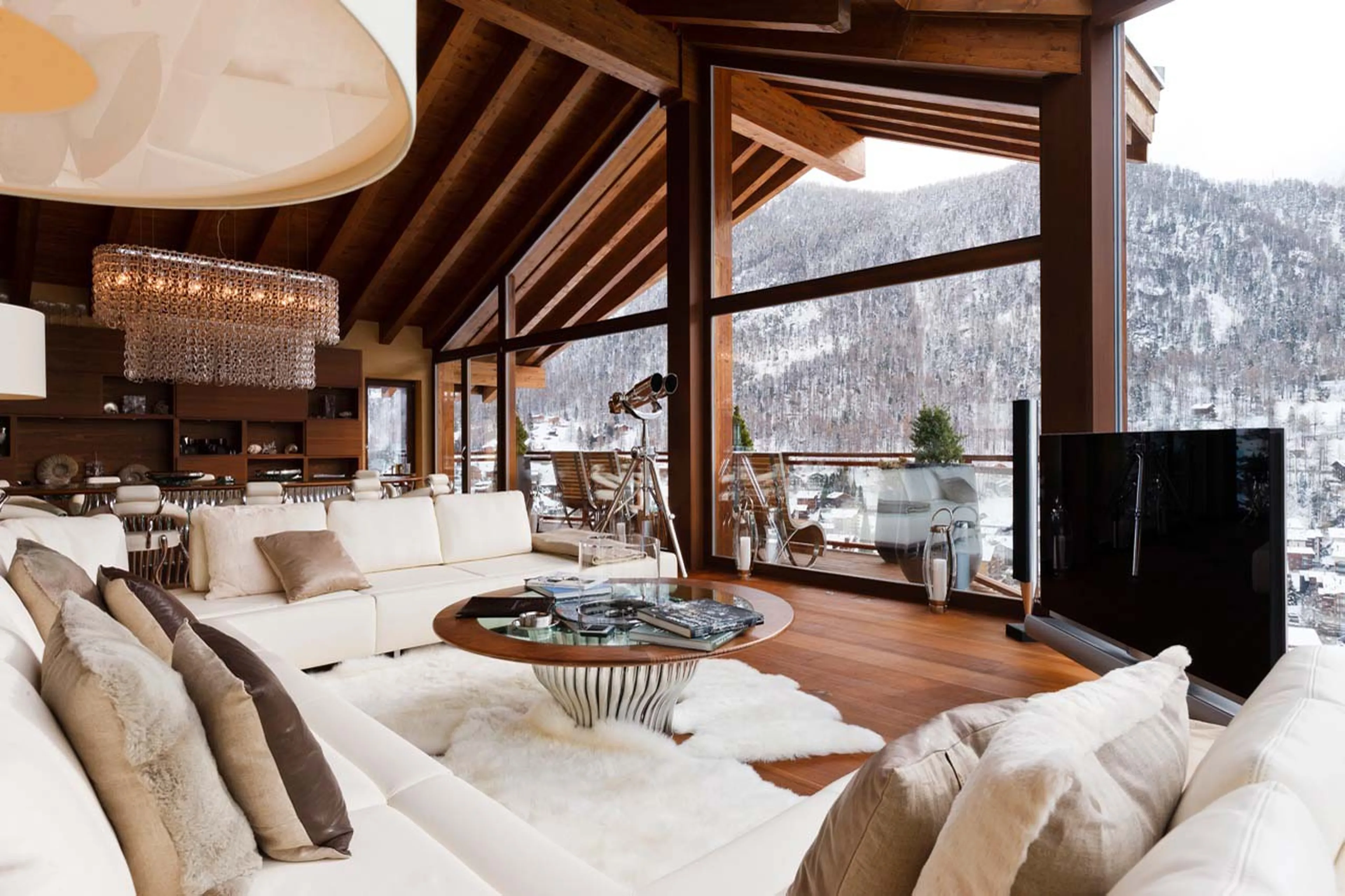 Designer furniture in living room of Chalet Zermatt Peak in Zermatt