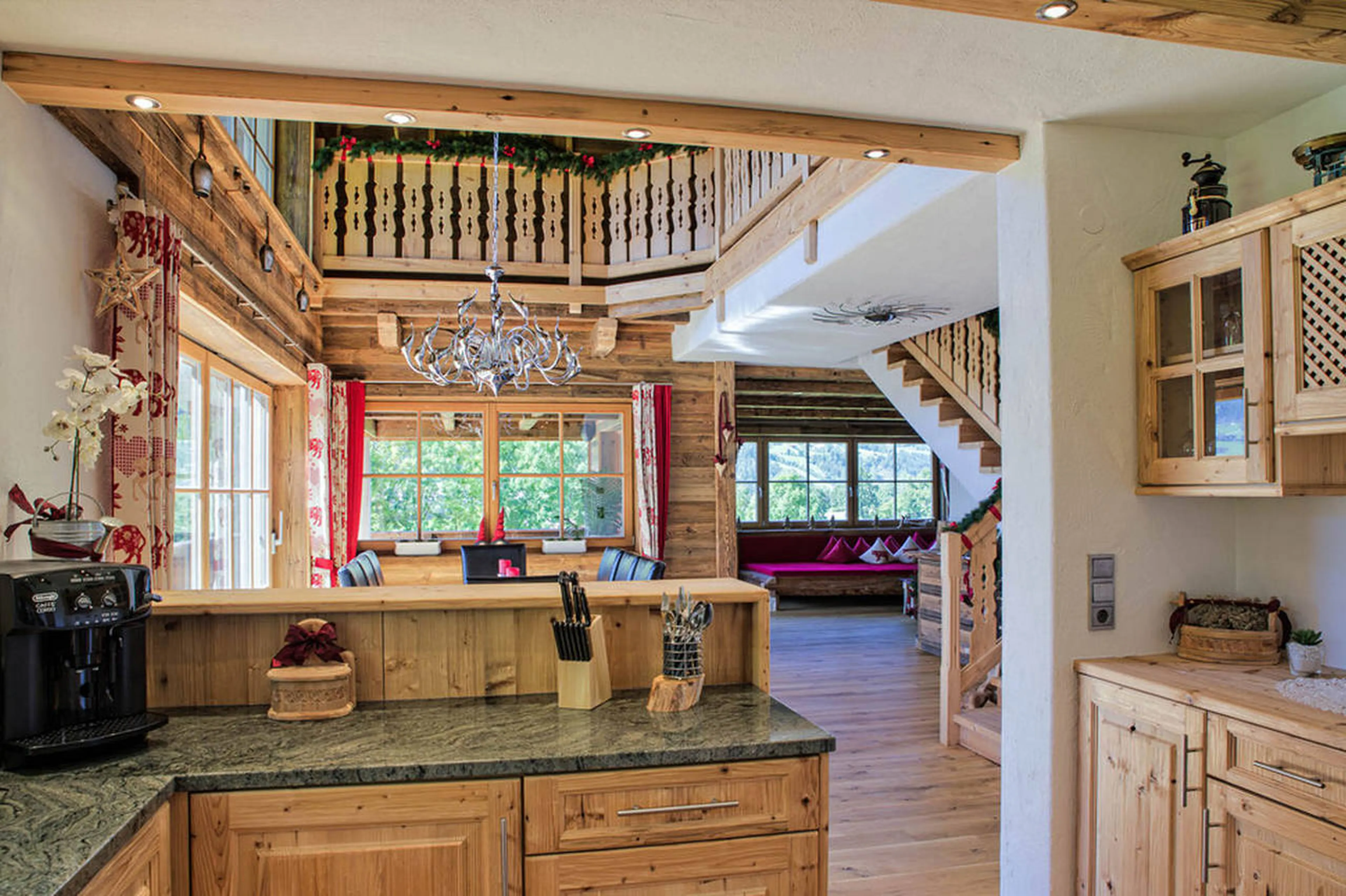 View from kitchen to dining and living area in Chalet Ziller in Zillertal