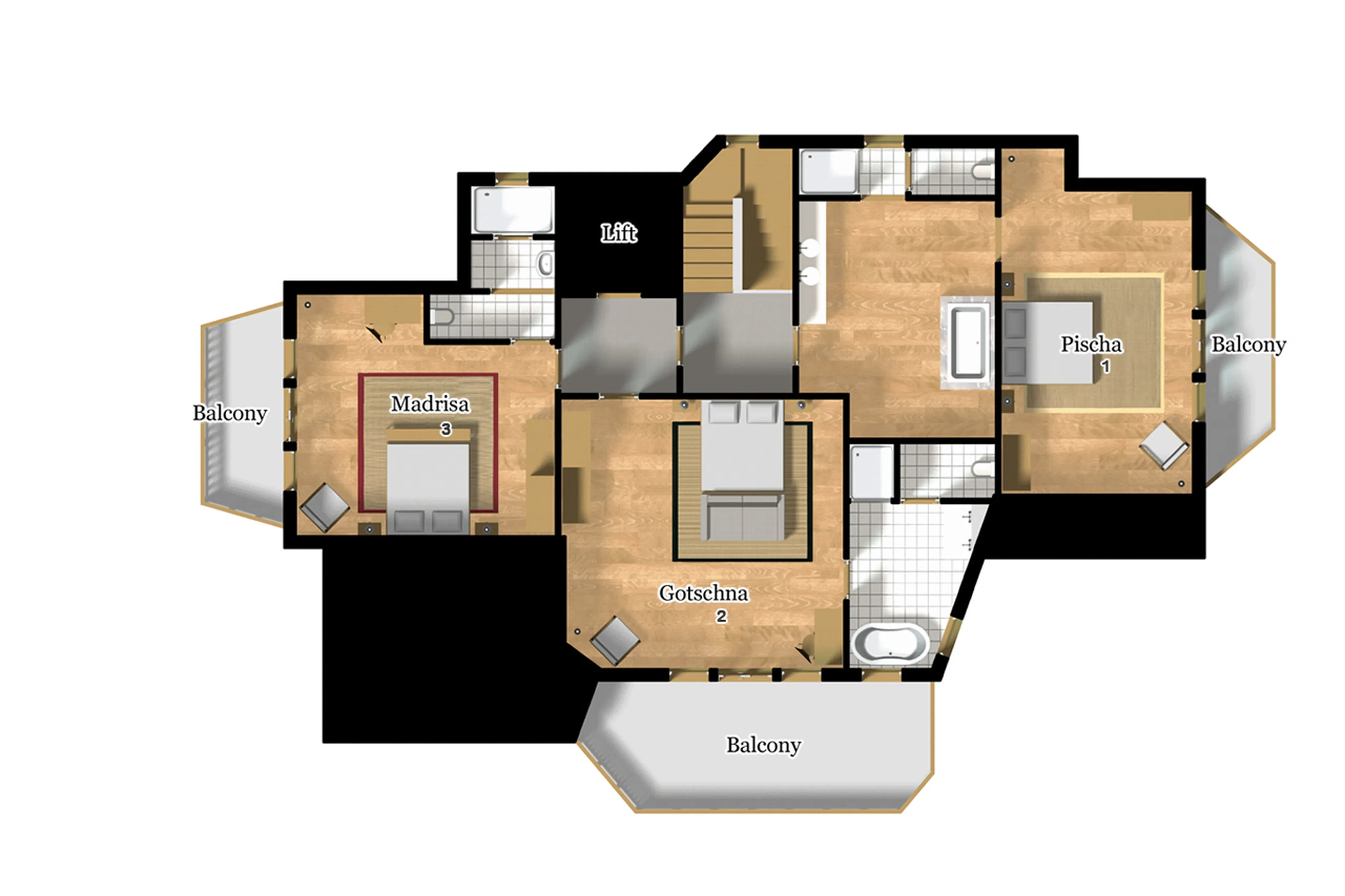 Level 2 floor plan of Chesa Falcun in Klosters