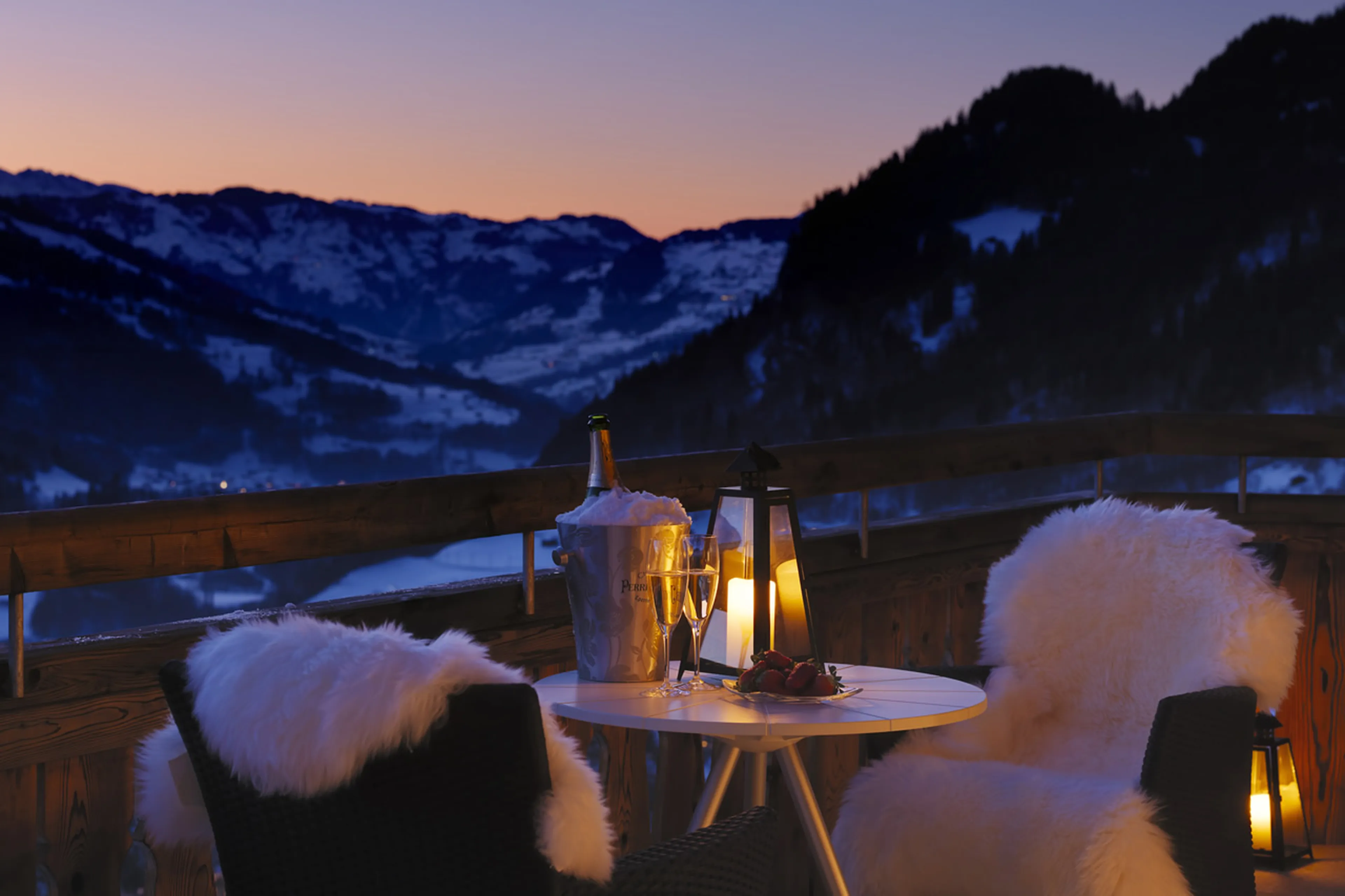 Terrace of Chesa Falcun in Klosters at night