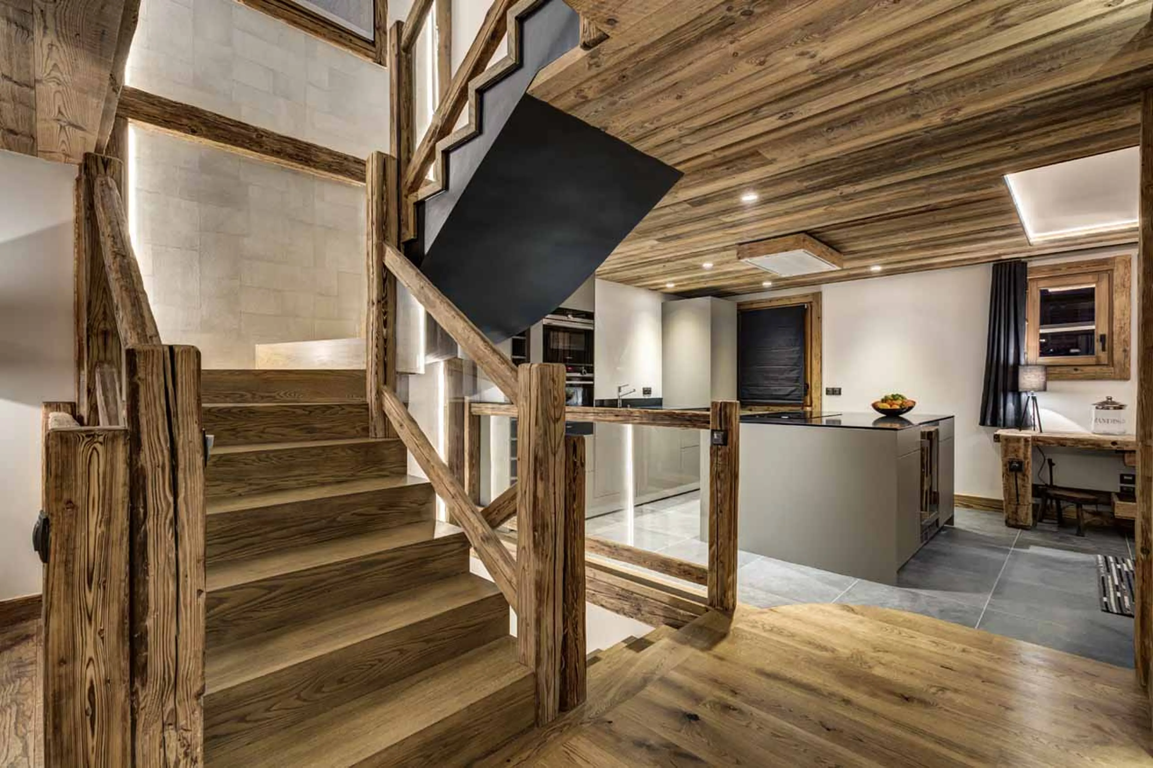 Staircase and kitchen at Chez Bugi in St Martin de Belleville