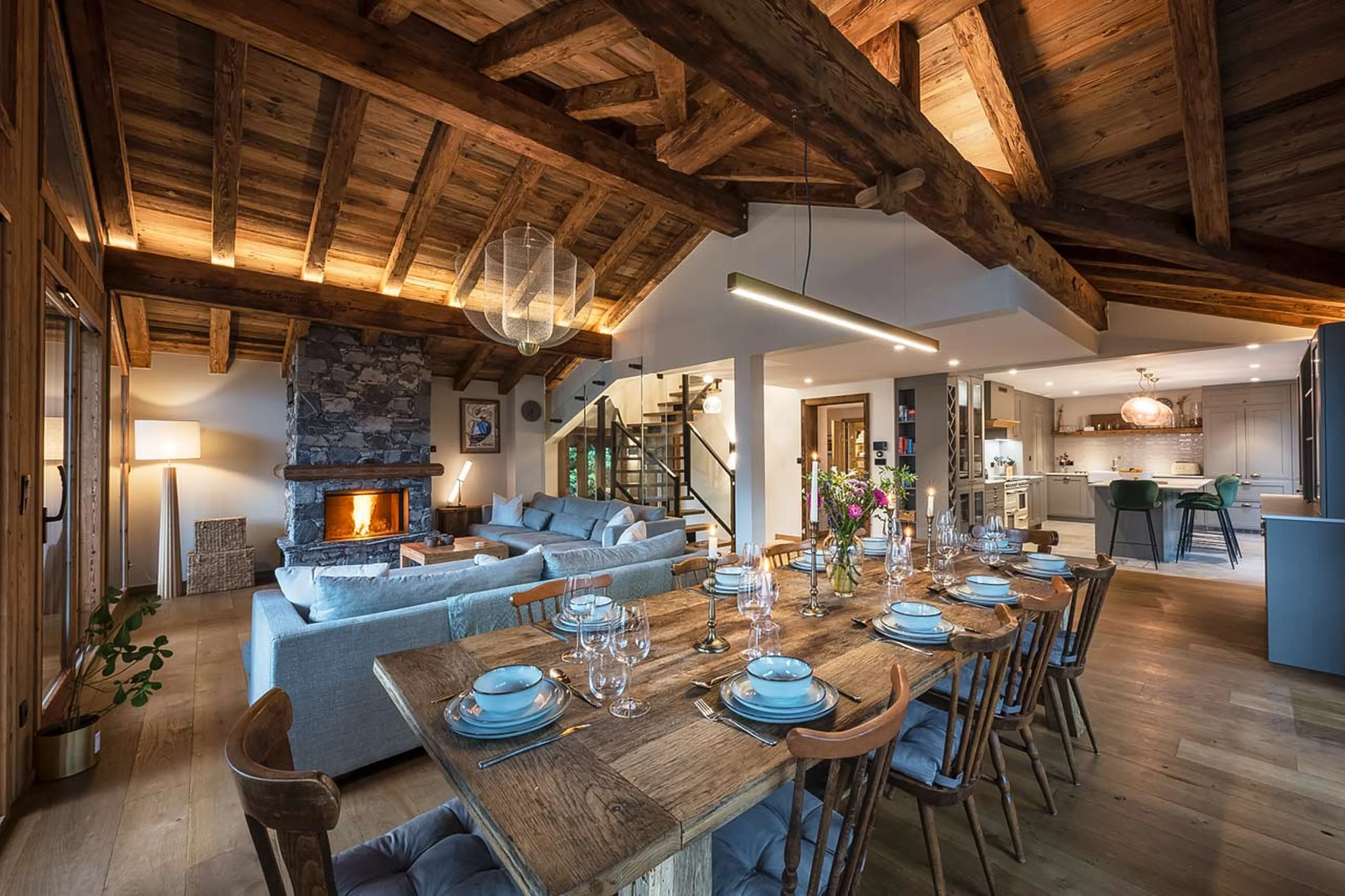 Open plan living area at Chalet Genevieve in Morzine