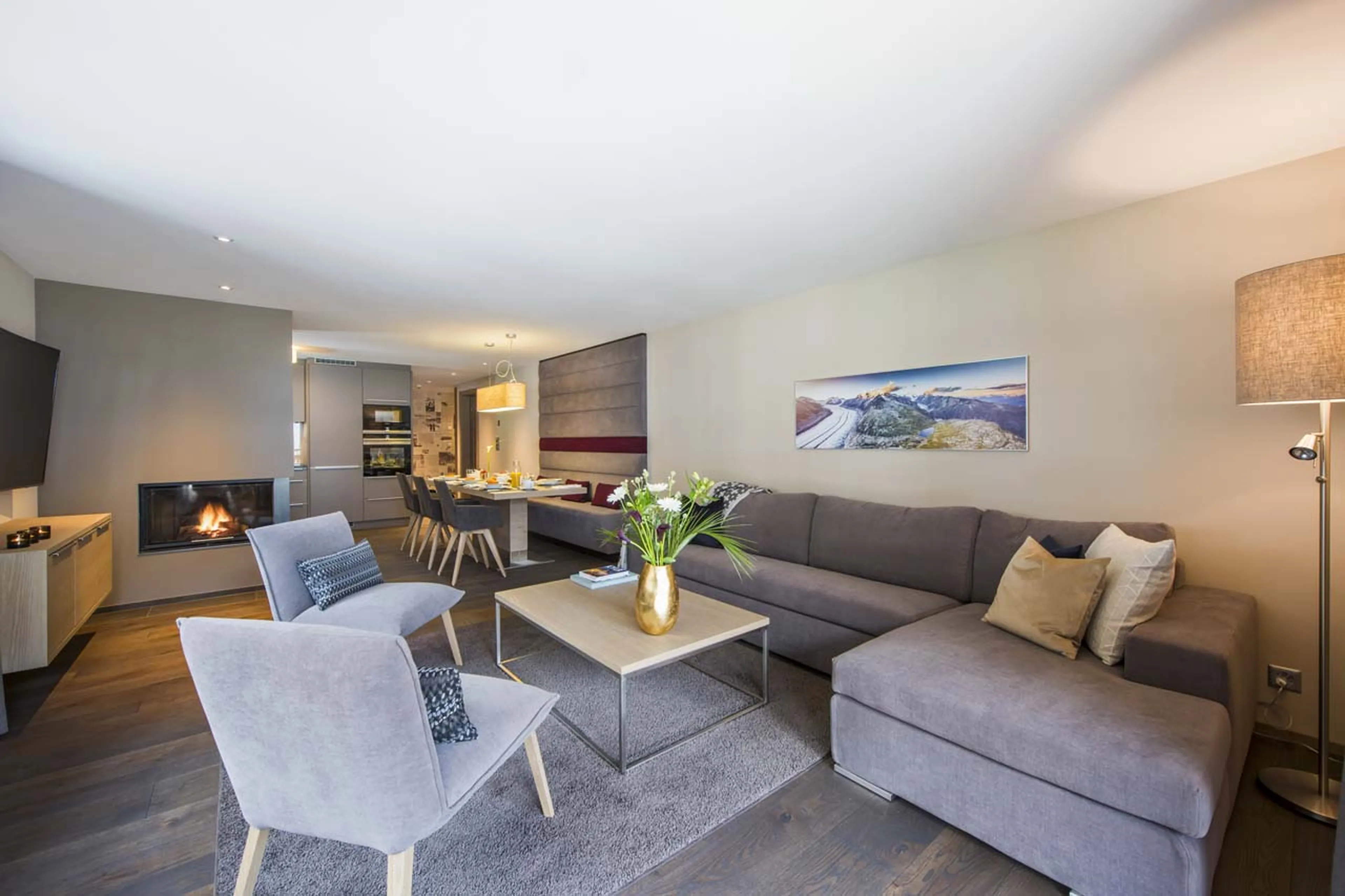 Open plan living area at Christiania Apartment 3 in Zermatt