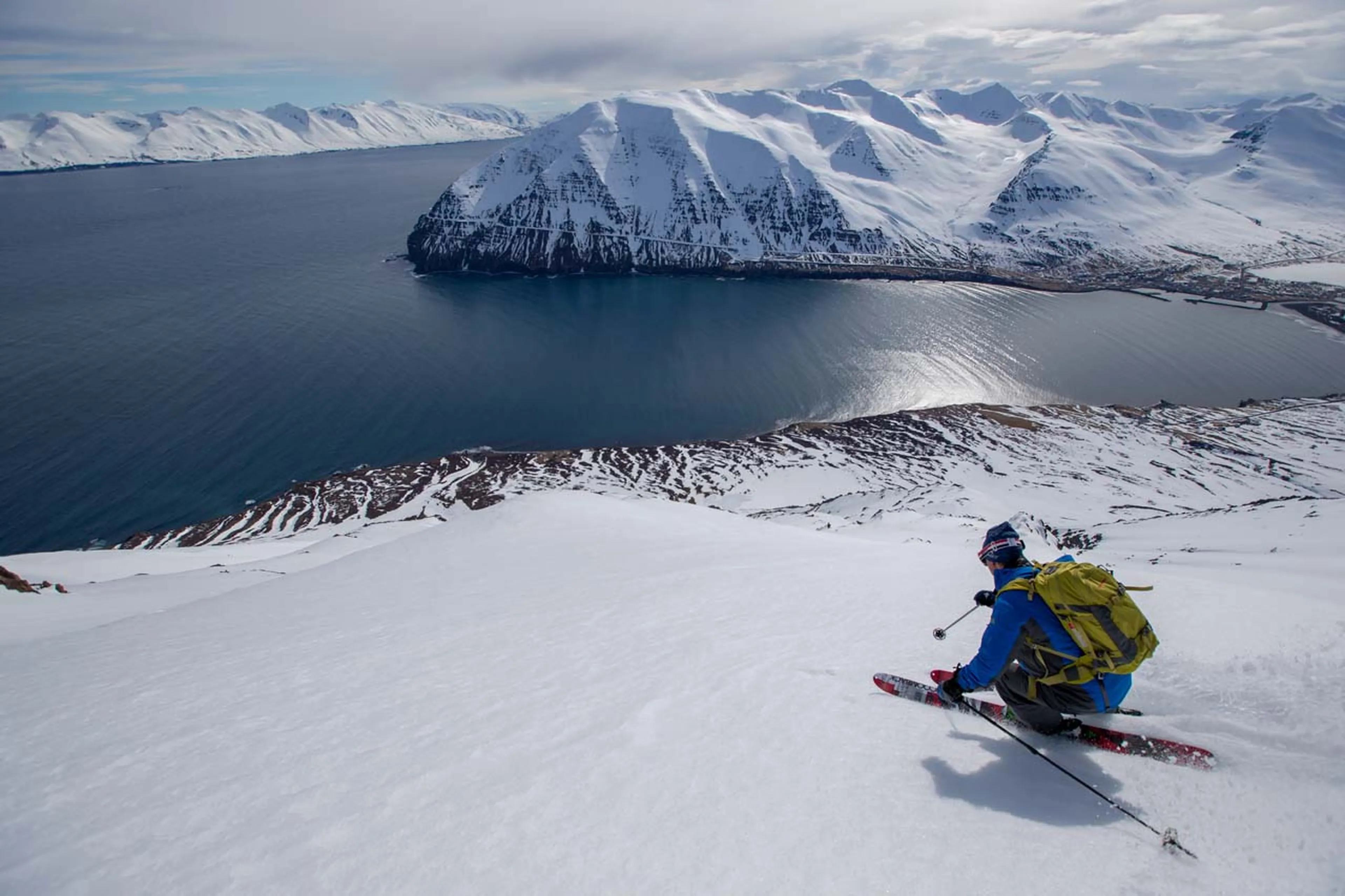 View of the ocean skiing at Deplar Farm in Iceland