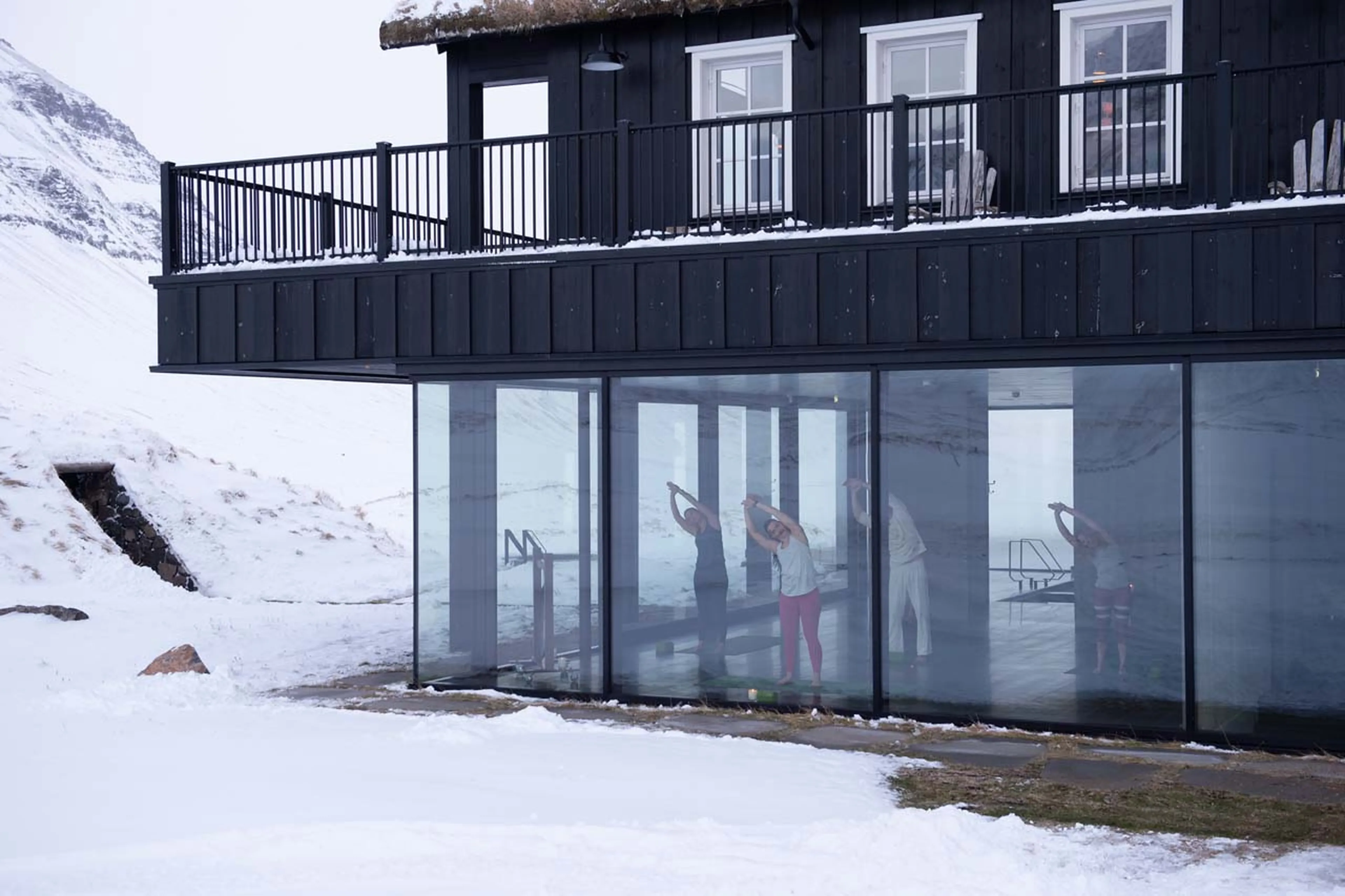 Winter view of yoga room at Deplar Farm in Iceland