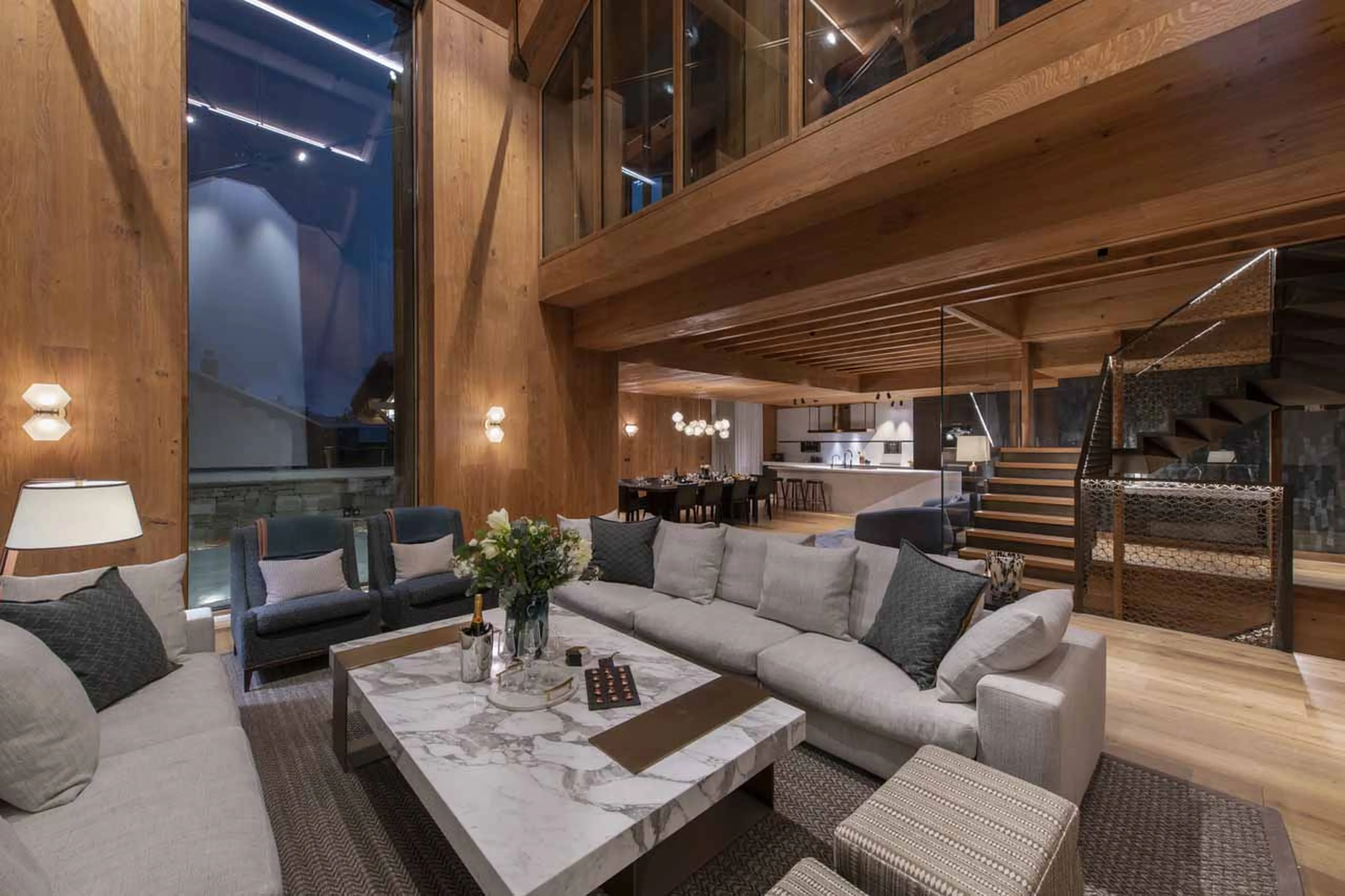 Soft lighting in living area of Chalet Etoile du Nord - East Wing in Val d'Isere