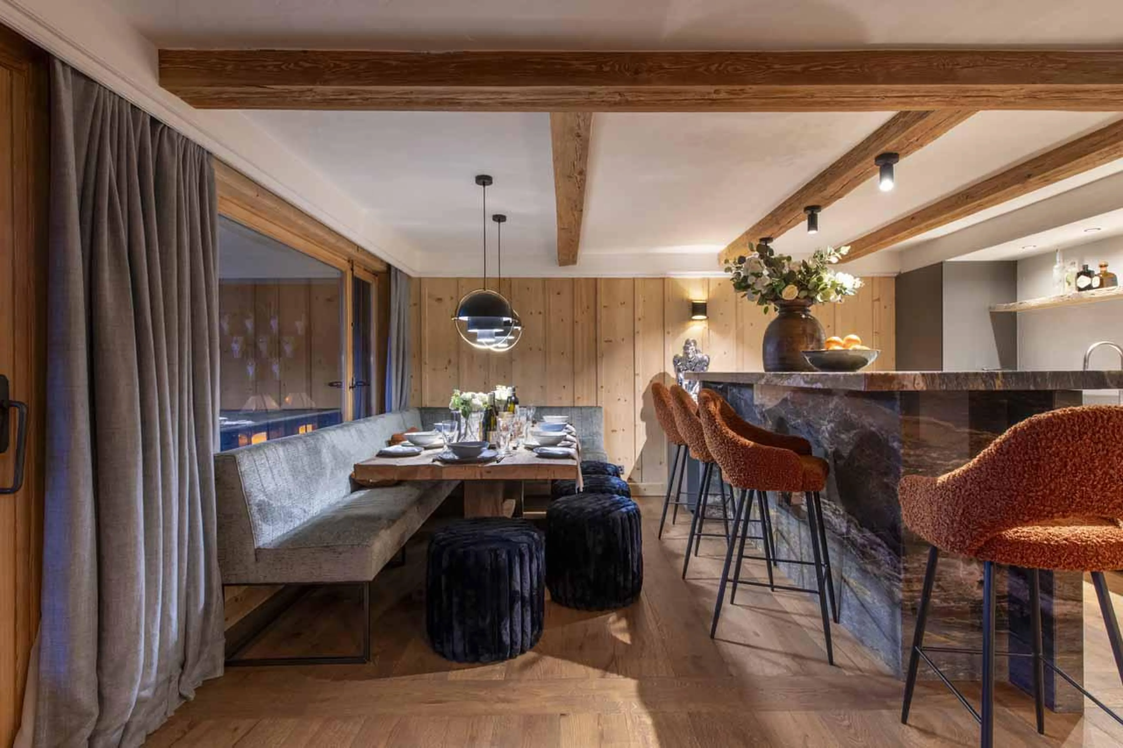 Dining table and kitchen island in Fleur de Lin 204, Verbier