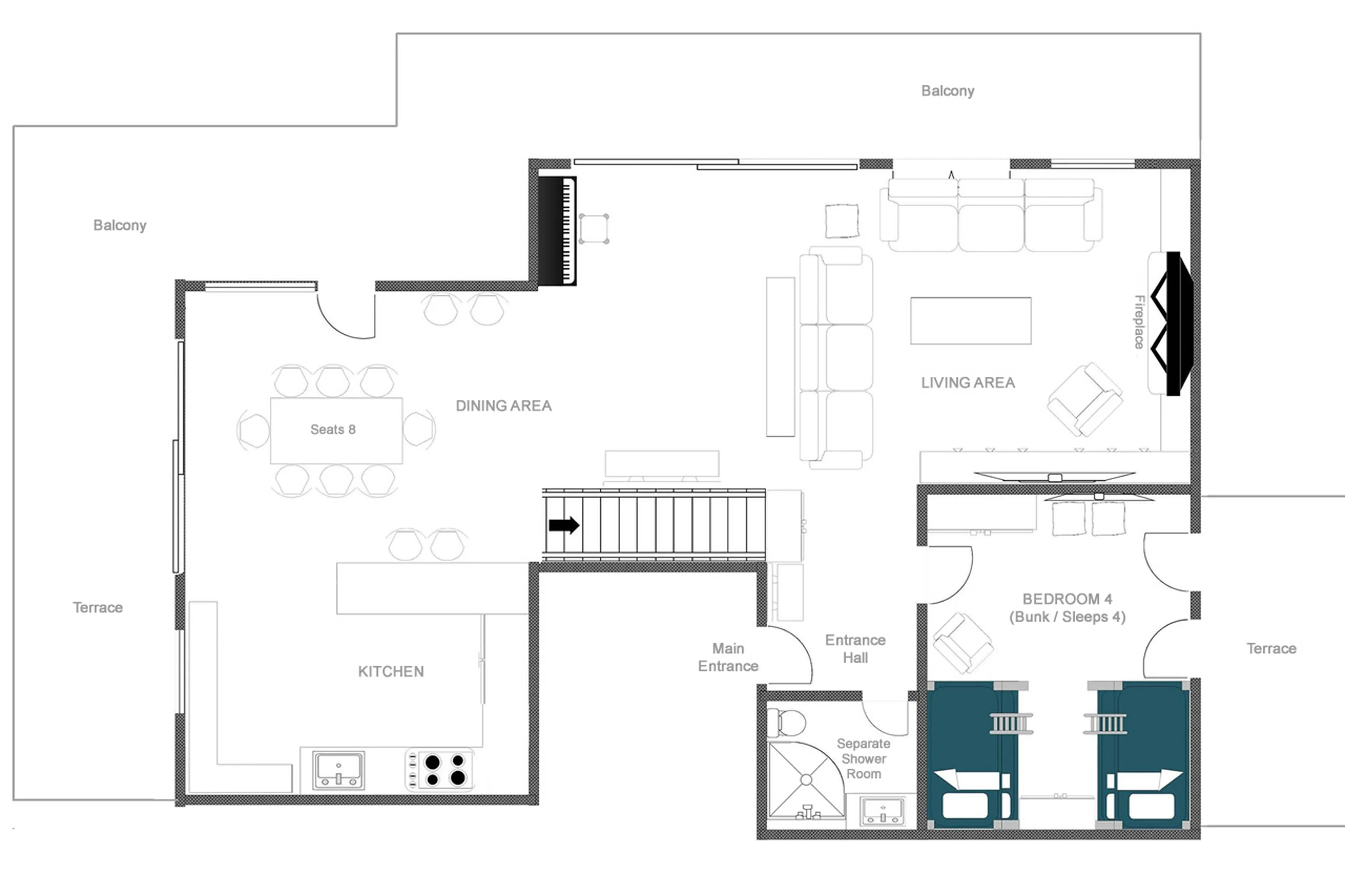 Lower level floor plan of Haus Leytron