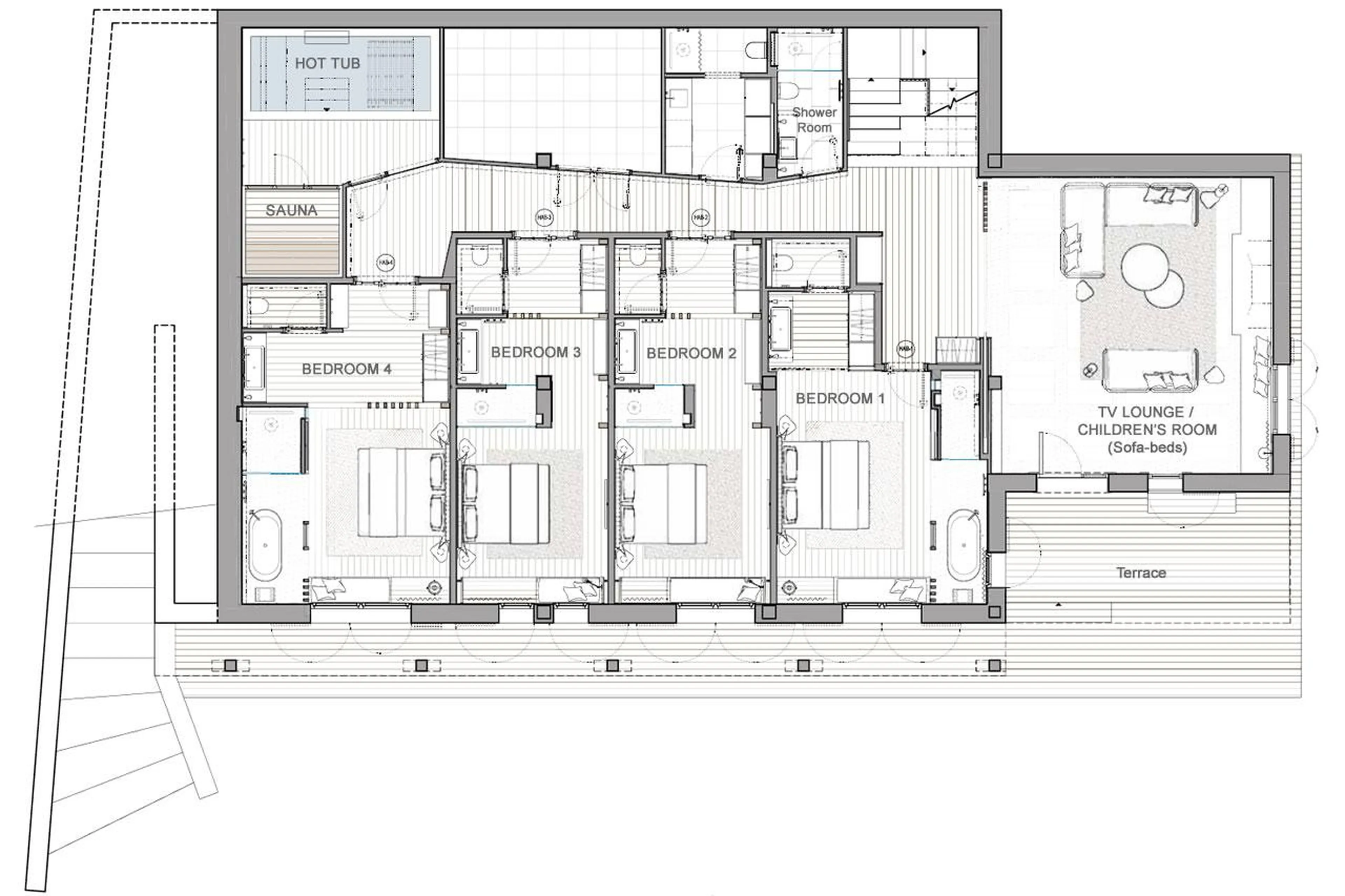 Lower level floor plan of Hermitage Mountain Lodge in Soldeu