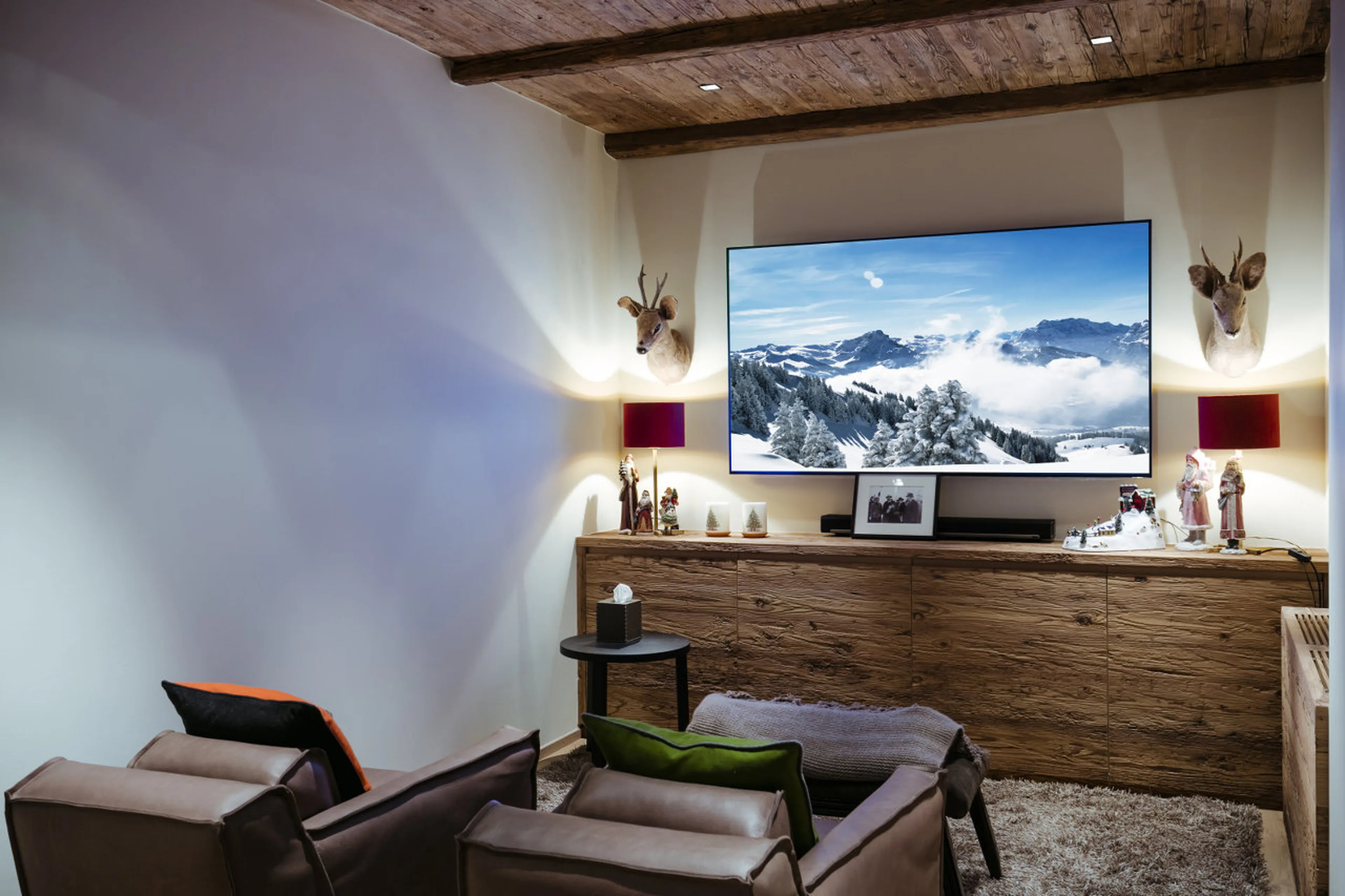 Cinema area in entertainment room in House Hannes Schneider in Stuben, near Zürs