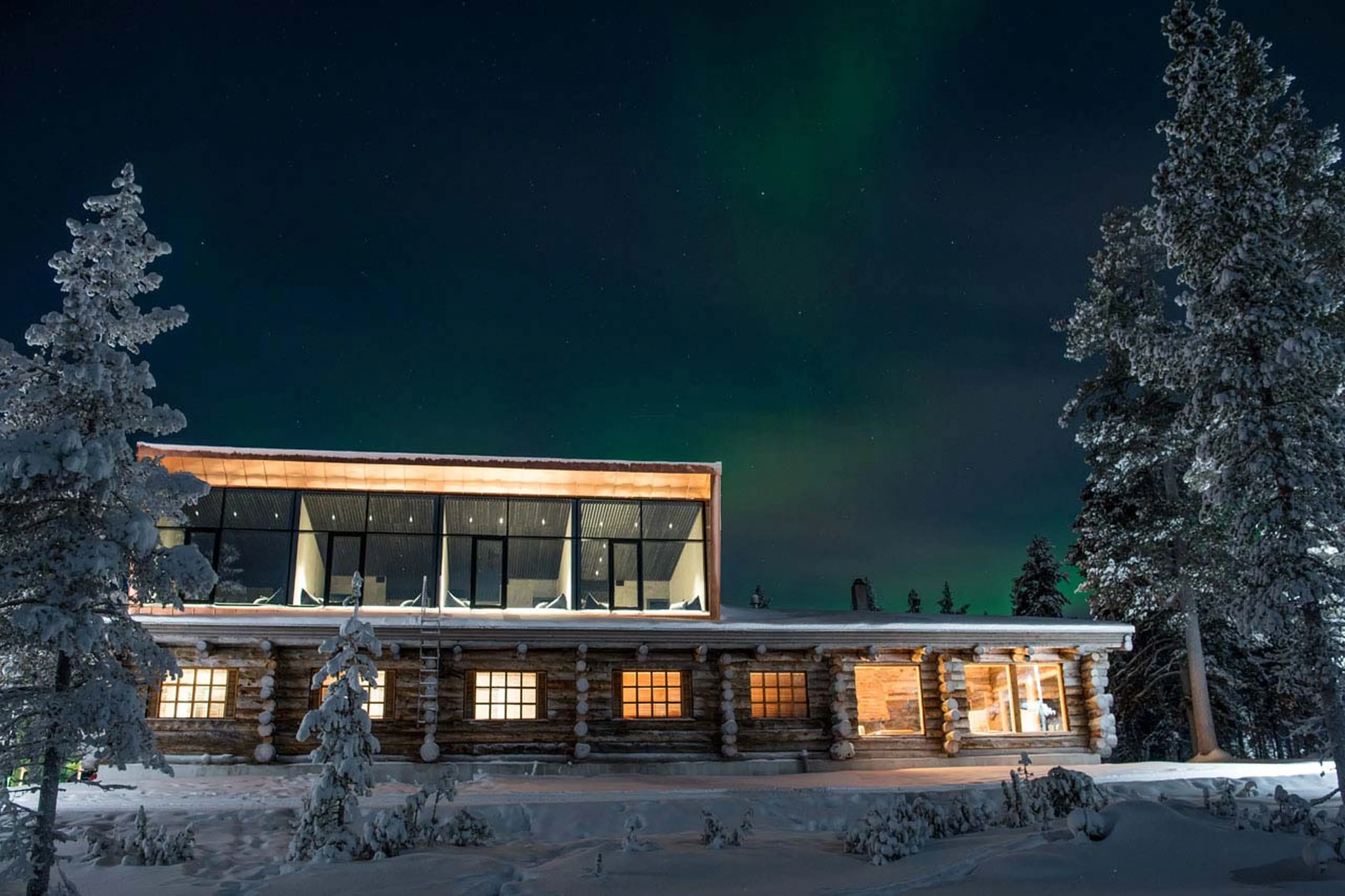 View of Javri Lodge in Finland at night