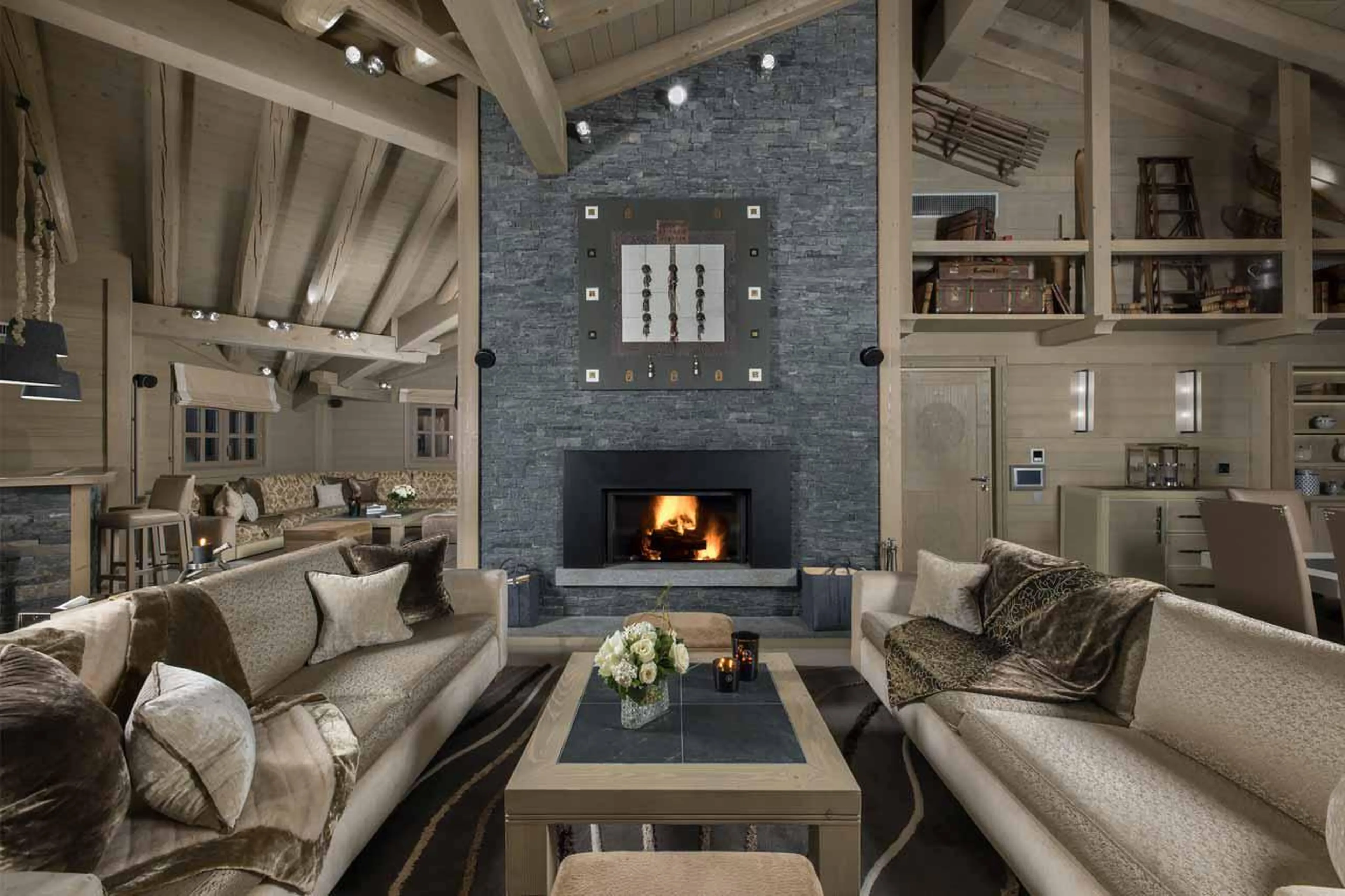 Fireplace in living room of Chalet Abruzzes in Courchevel 1850