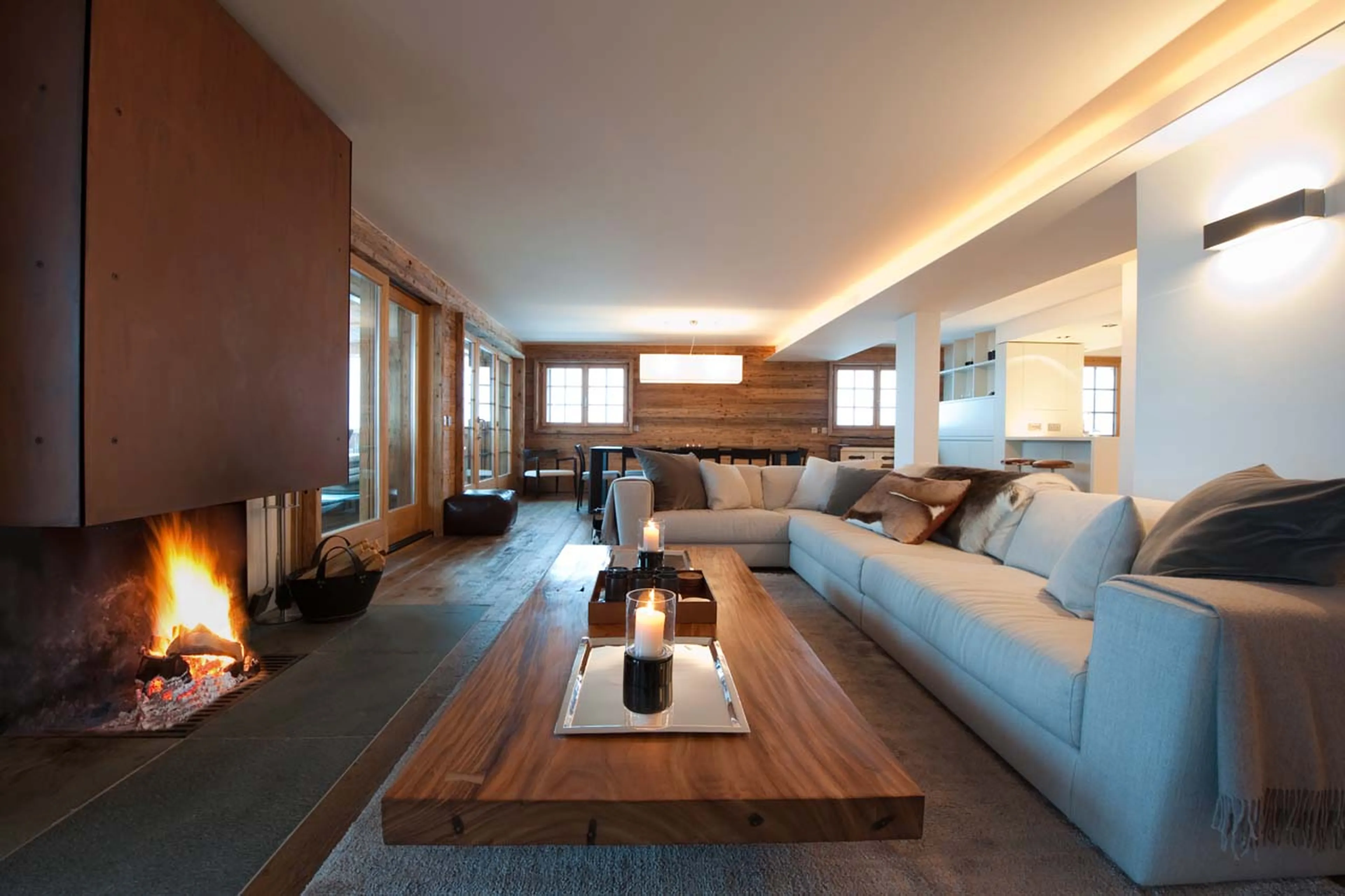 Open plan living area in La Vallée Blanche in Verbier