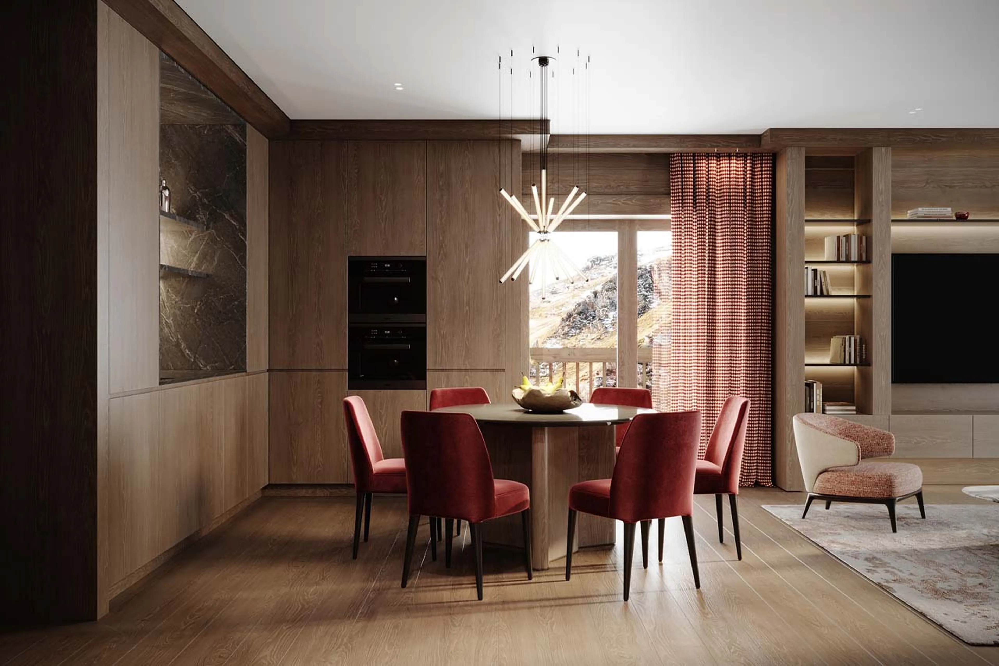 Round dining table and chairs in Le Cinq, Val d'Isere