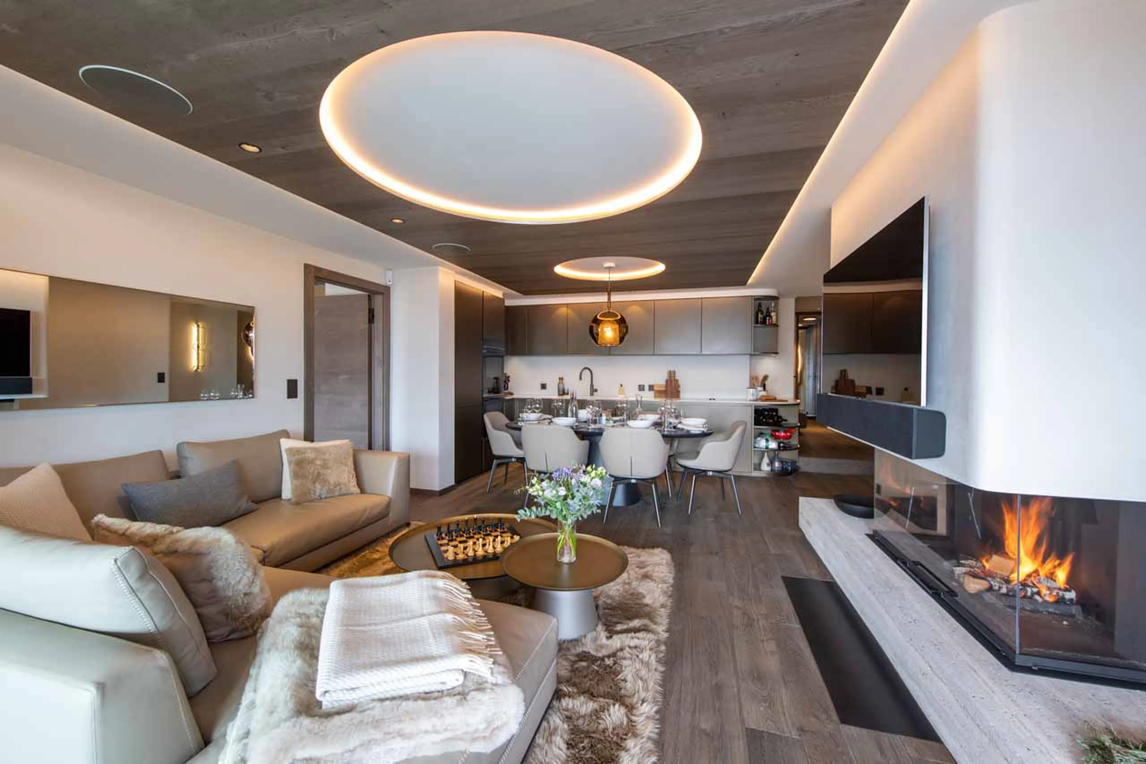 Living area overview at Le Verbier View 01 in Verbier