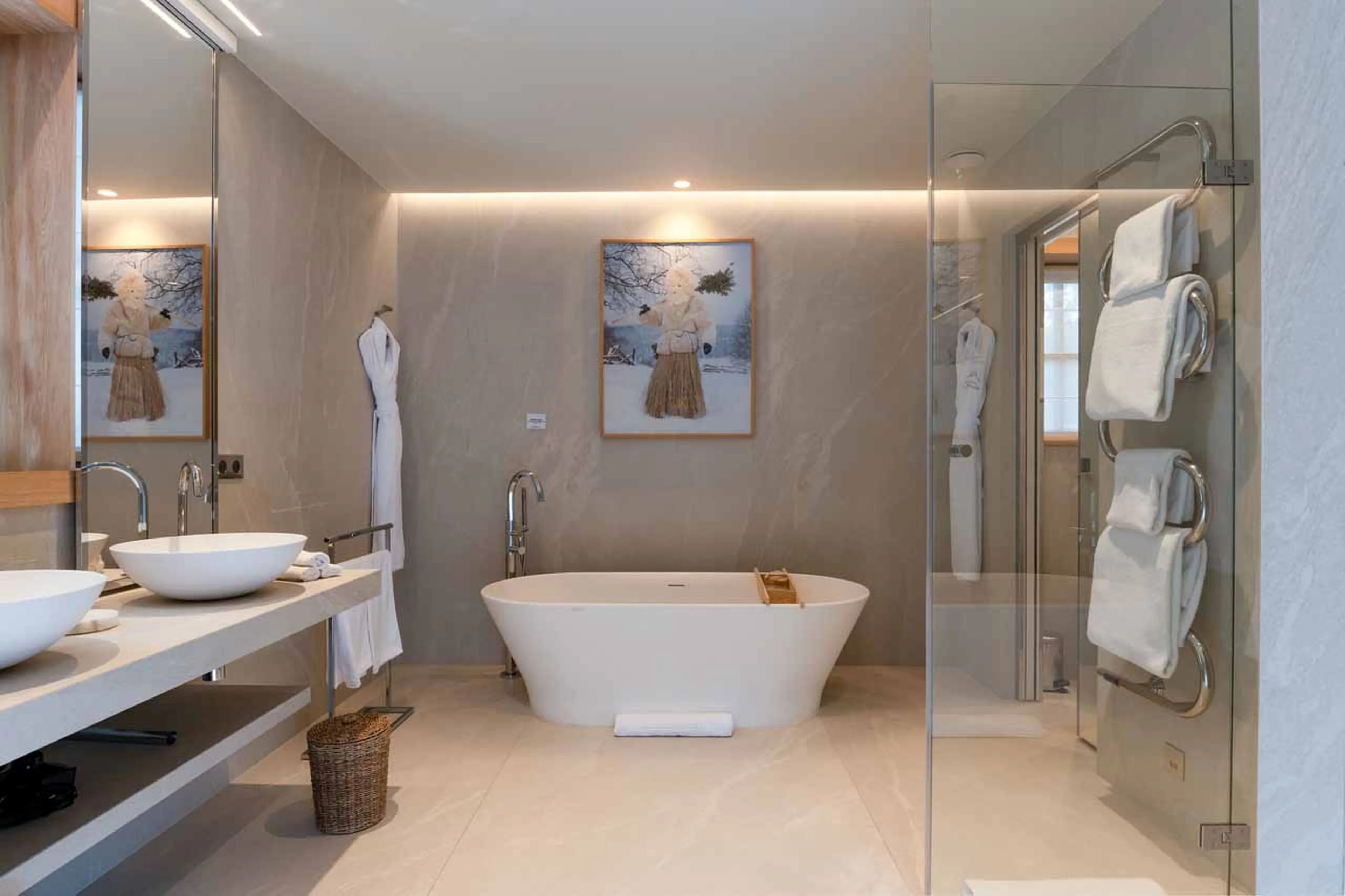 En-suite bathroom with stand-alone bath and separate shower in Lord of Snow, Courchevel 1850