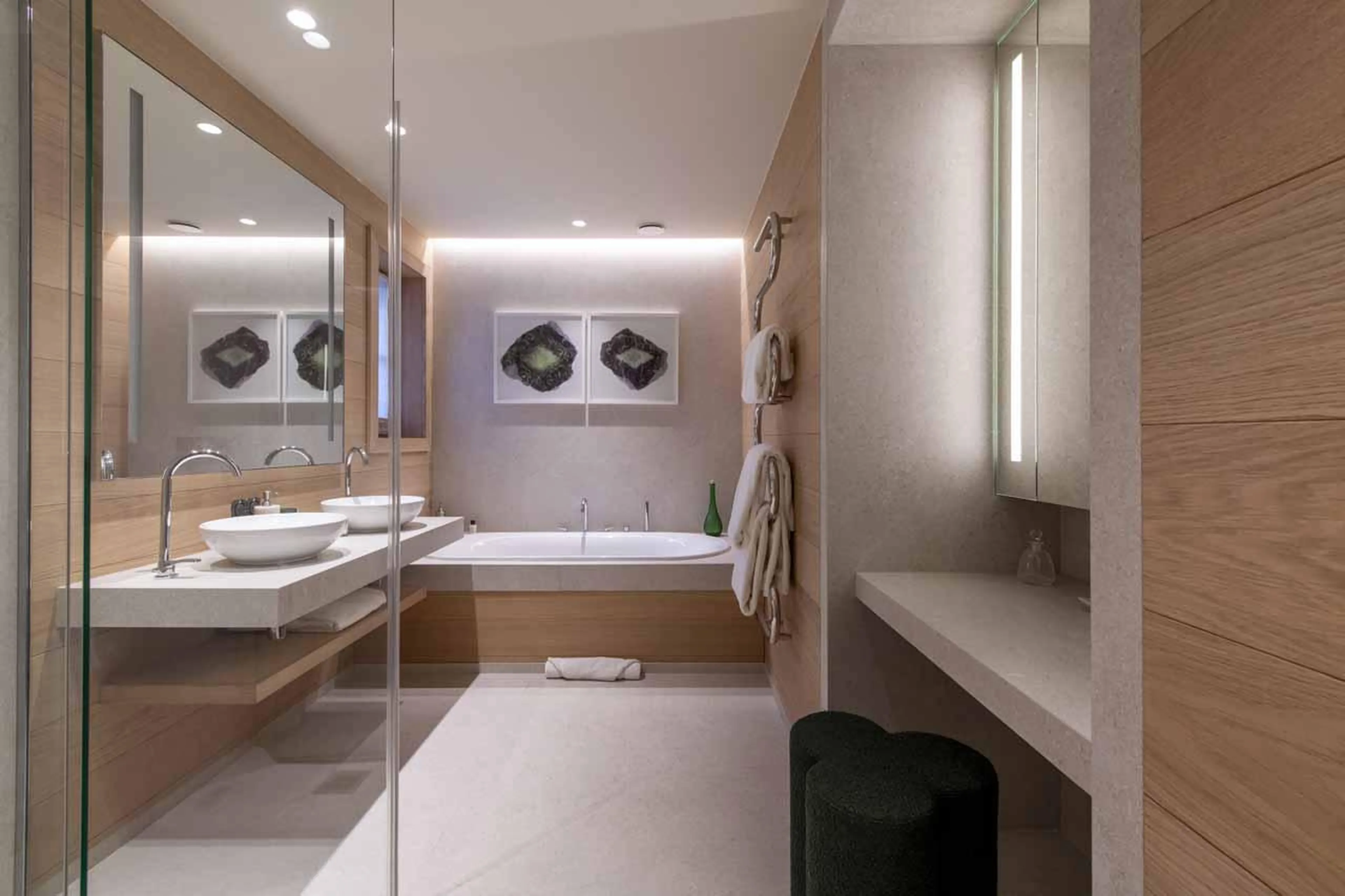 En-suite bathroom with separate shower and twin sinks in Lord of Snow, Courchevel 1850