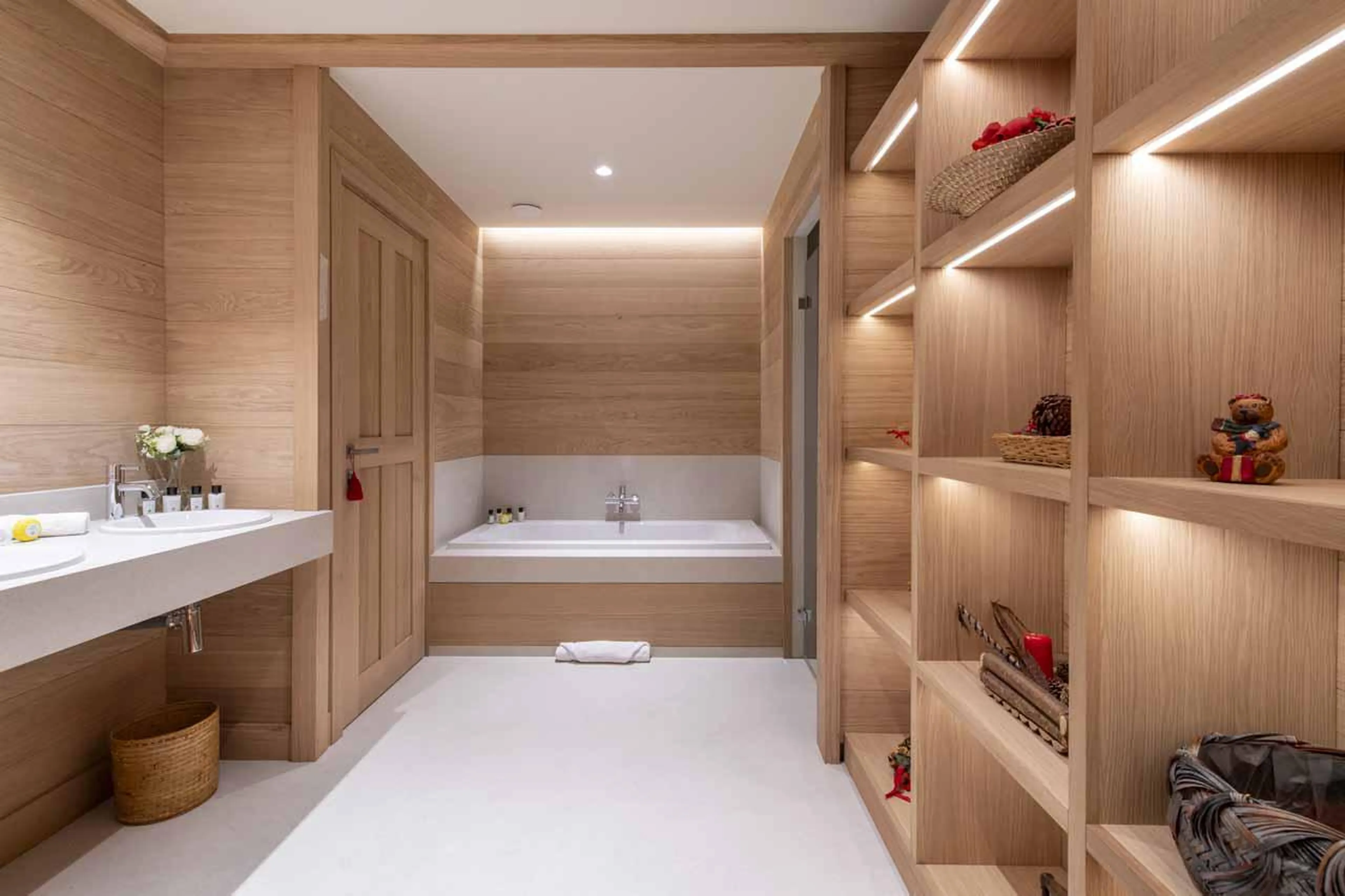En-suite bathroom with separate shower and twin sinks in Lord of Snow, Courchevel 1850