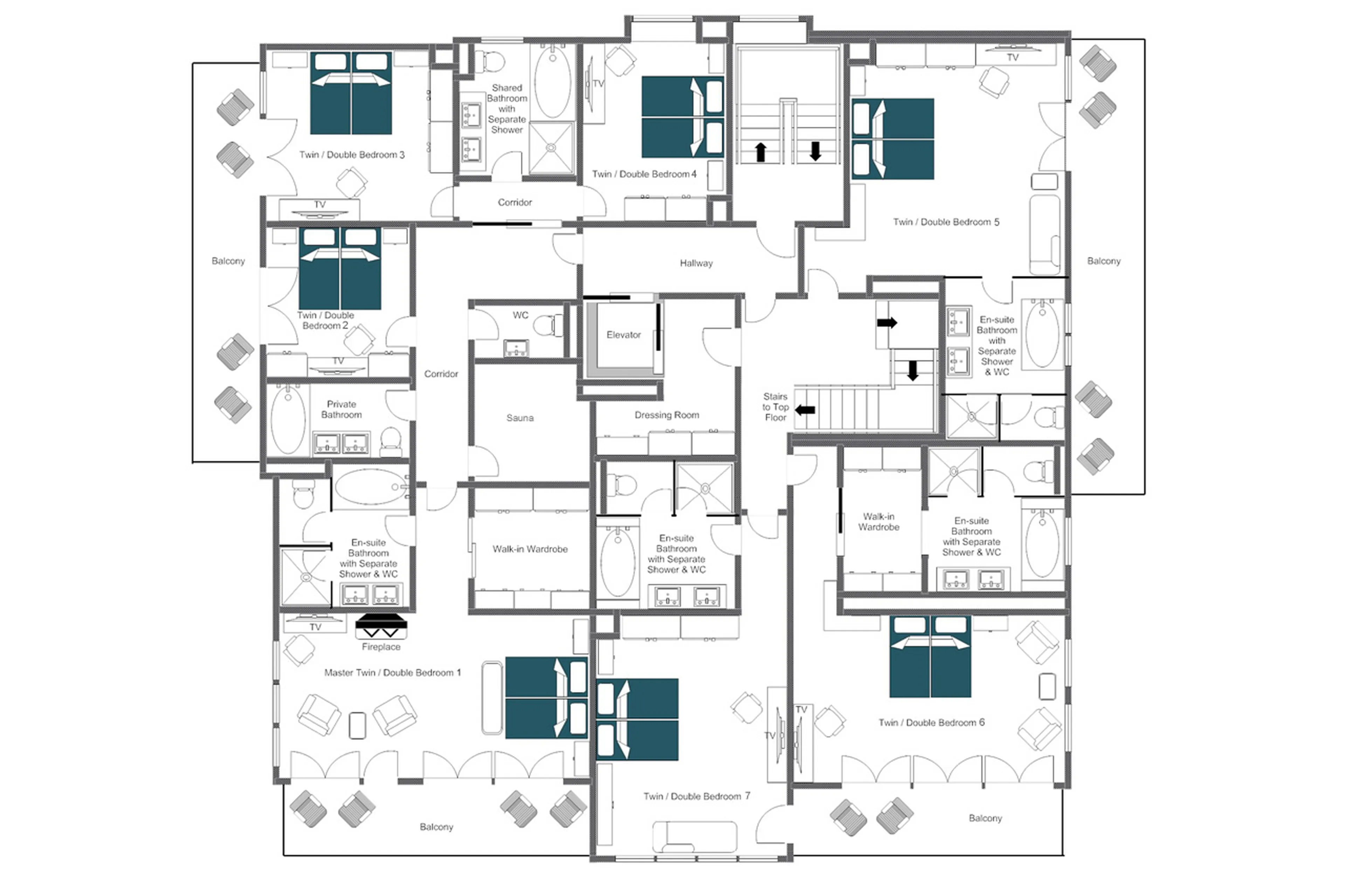 Third floor floor plan of Christiania Penthouse in Zermatt