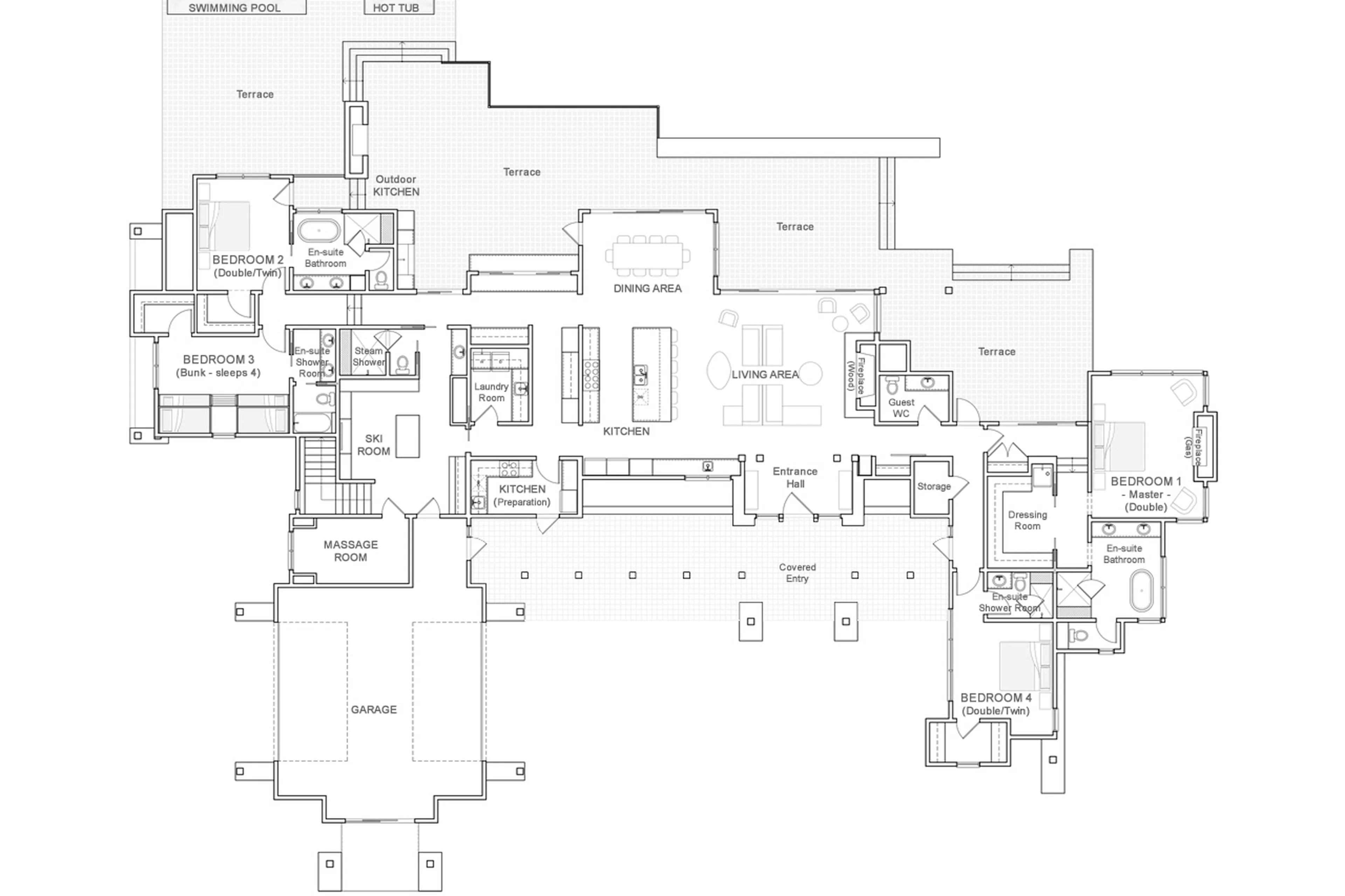 Main level floor plan of Mountain Lake Chalet in Revelstoke