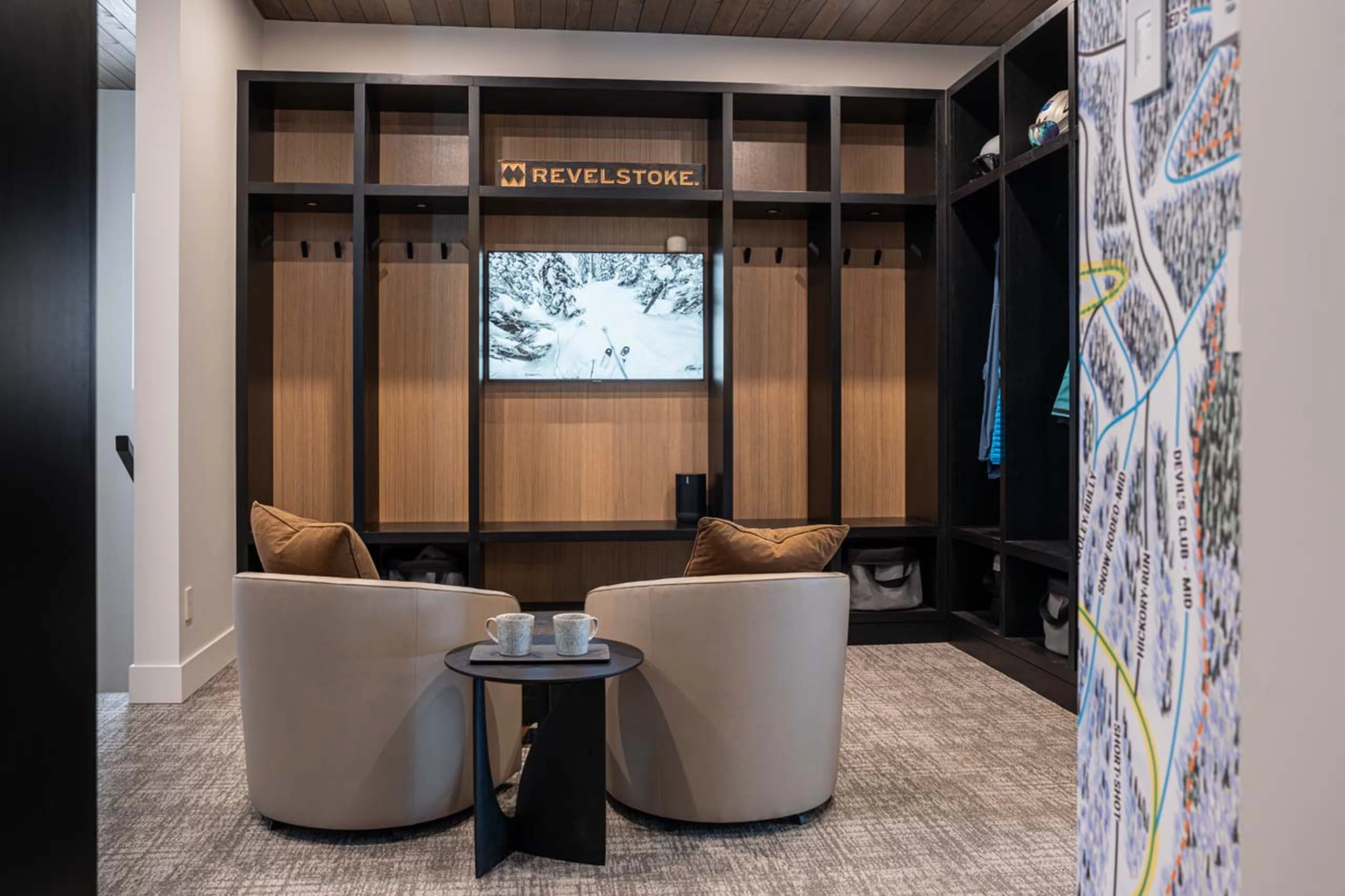 Seating in ski room in Mountain Lake Chalet, Revelstoke