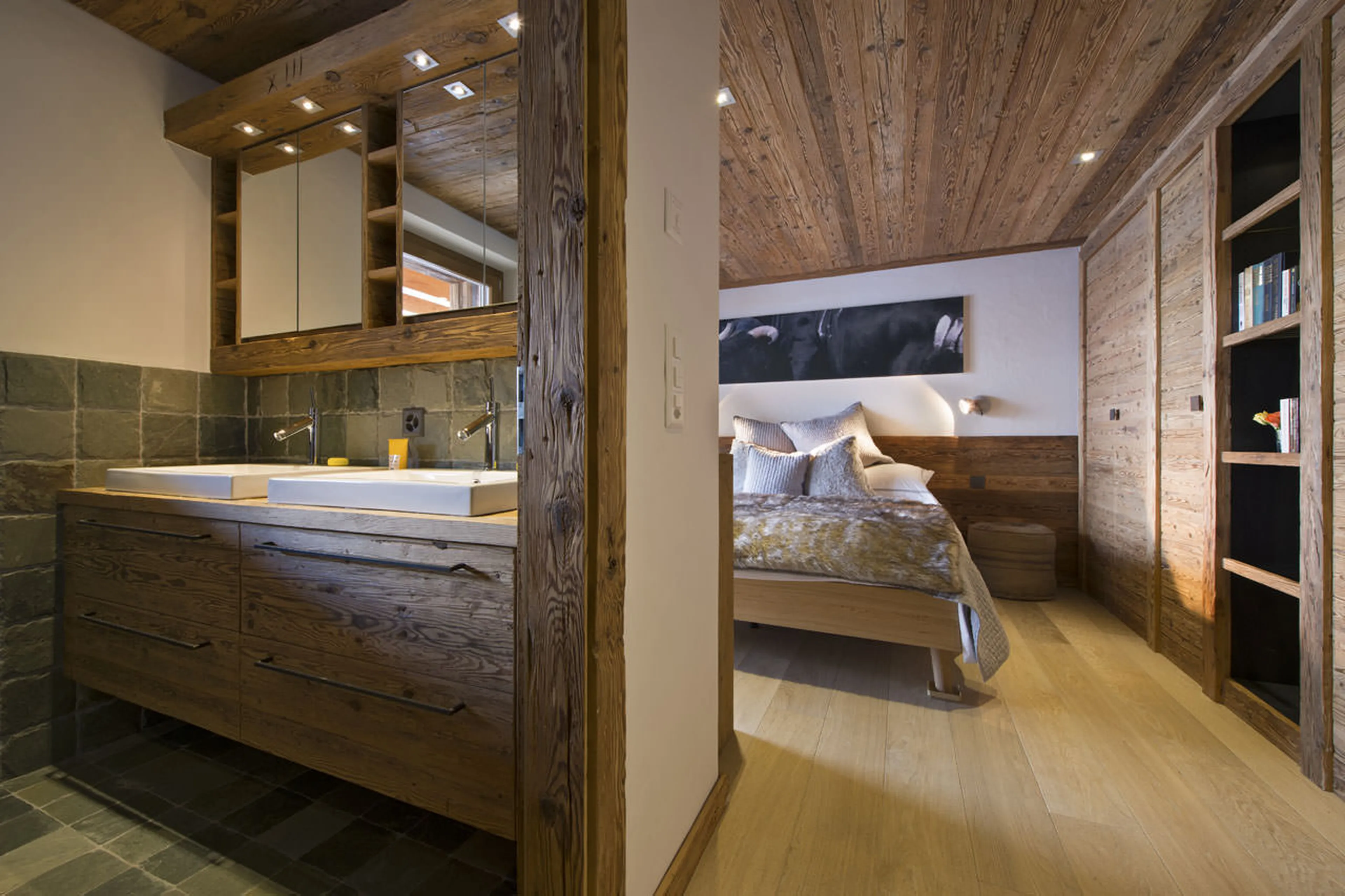 Master bedroom and bathroom at Exterior of No. 5 Apartment 4 in Verbier