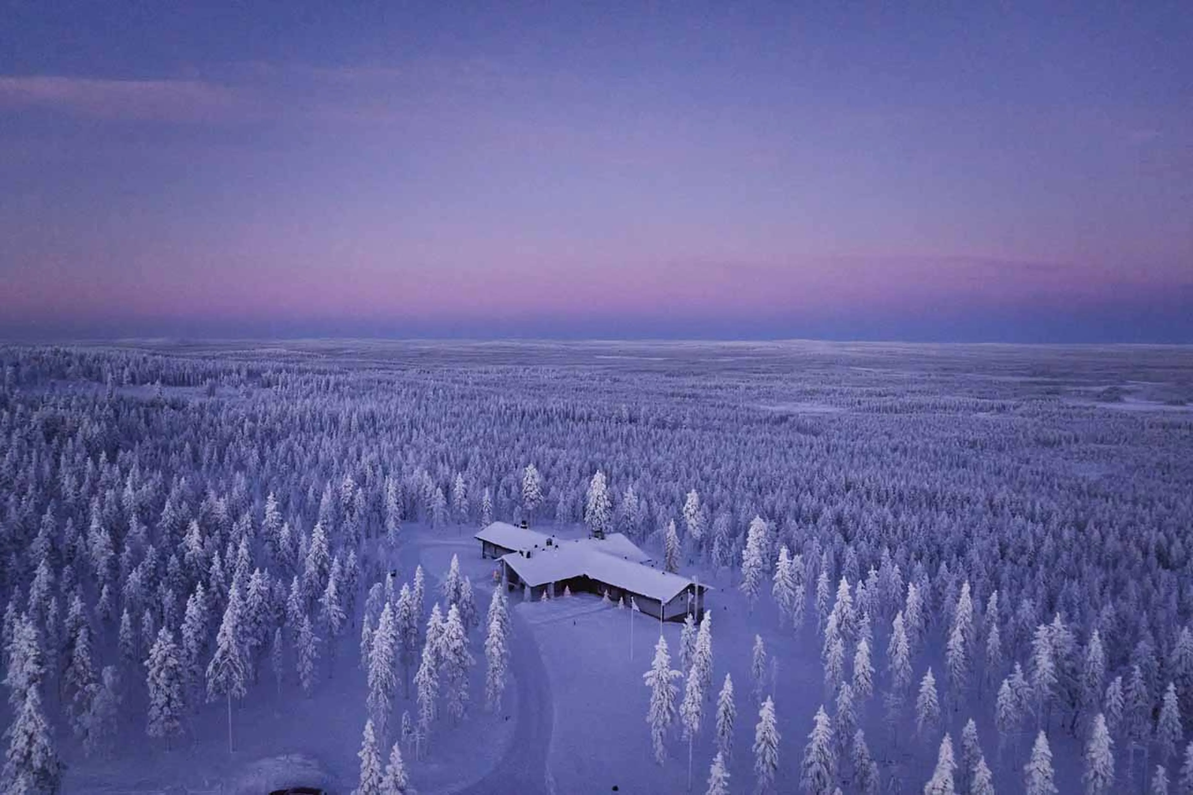 Exterior drone shot at Octola II Lodge in Finland
