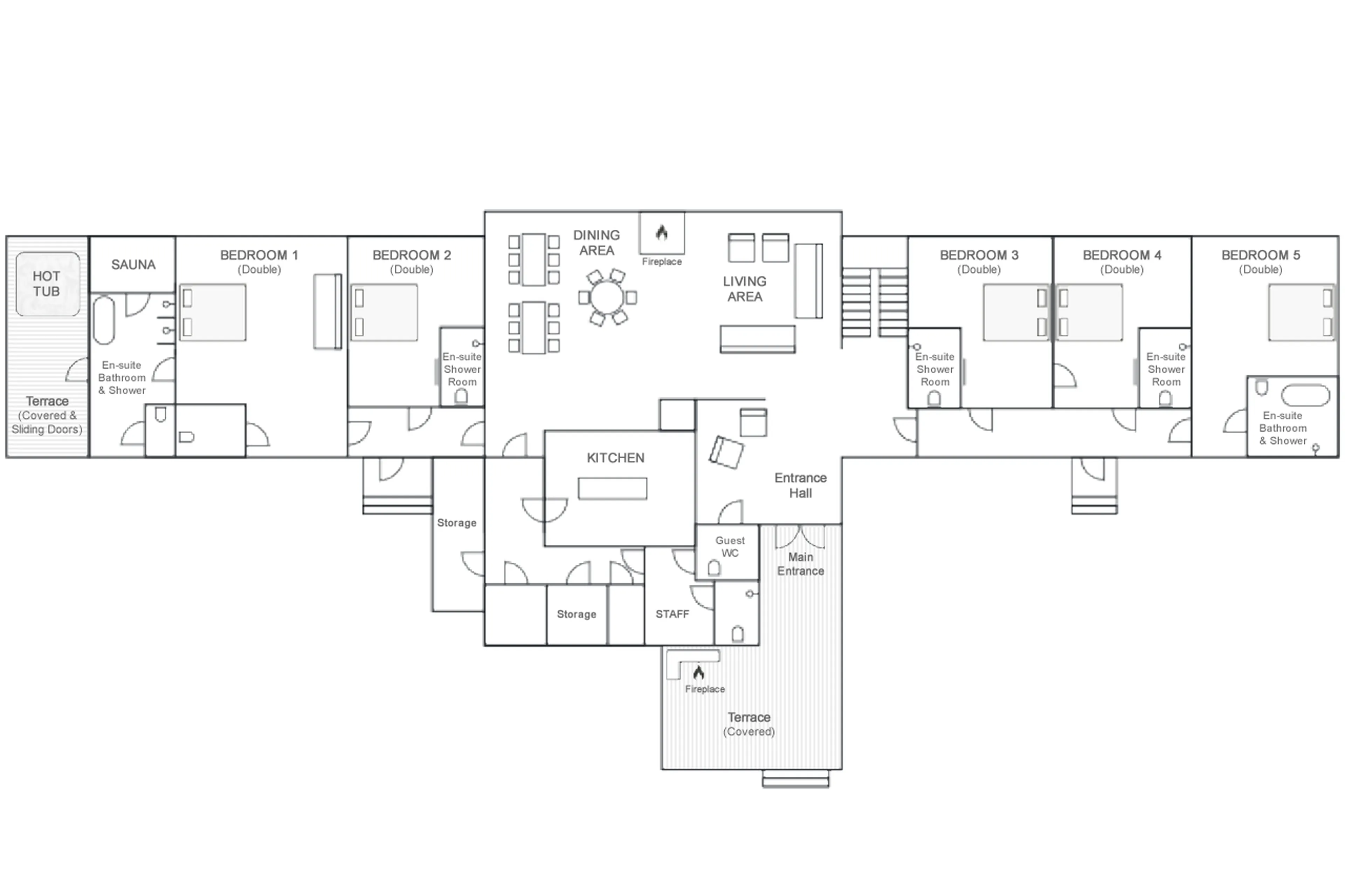 Upper ground level floor plan of Octola II Lodge in Finland