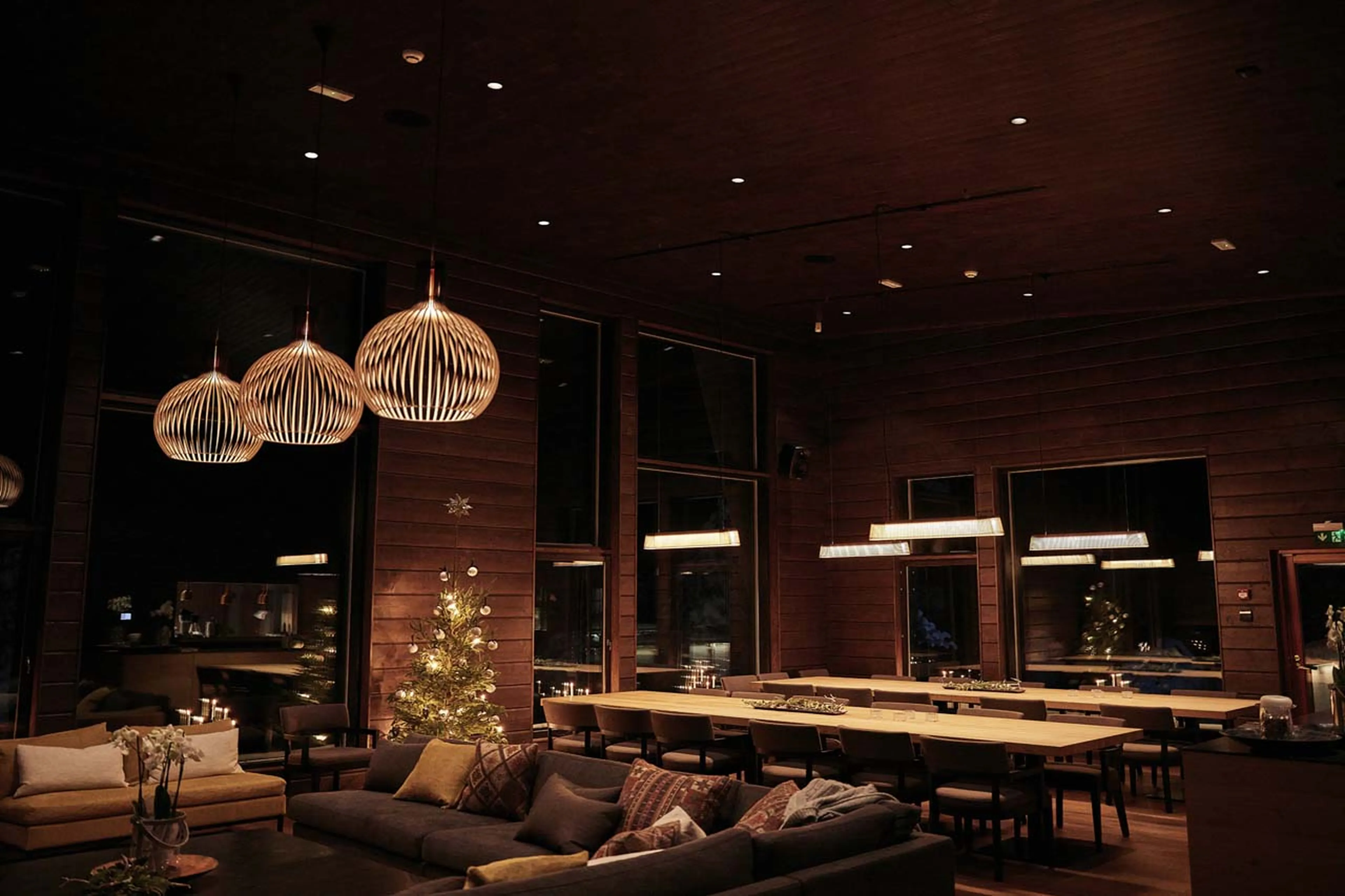 Living area at night in Octola Private Wilderness in Finland