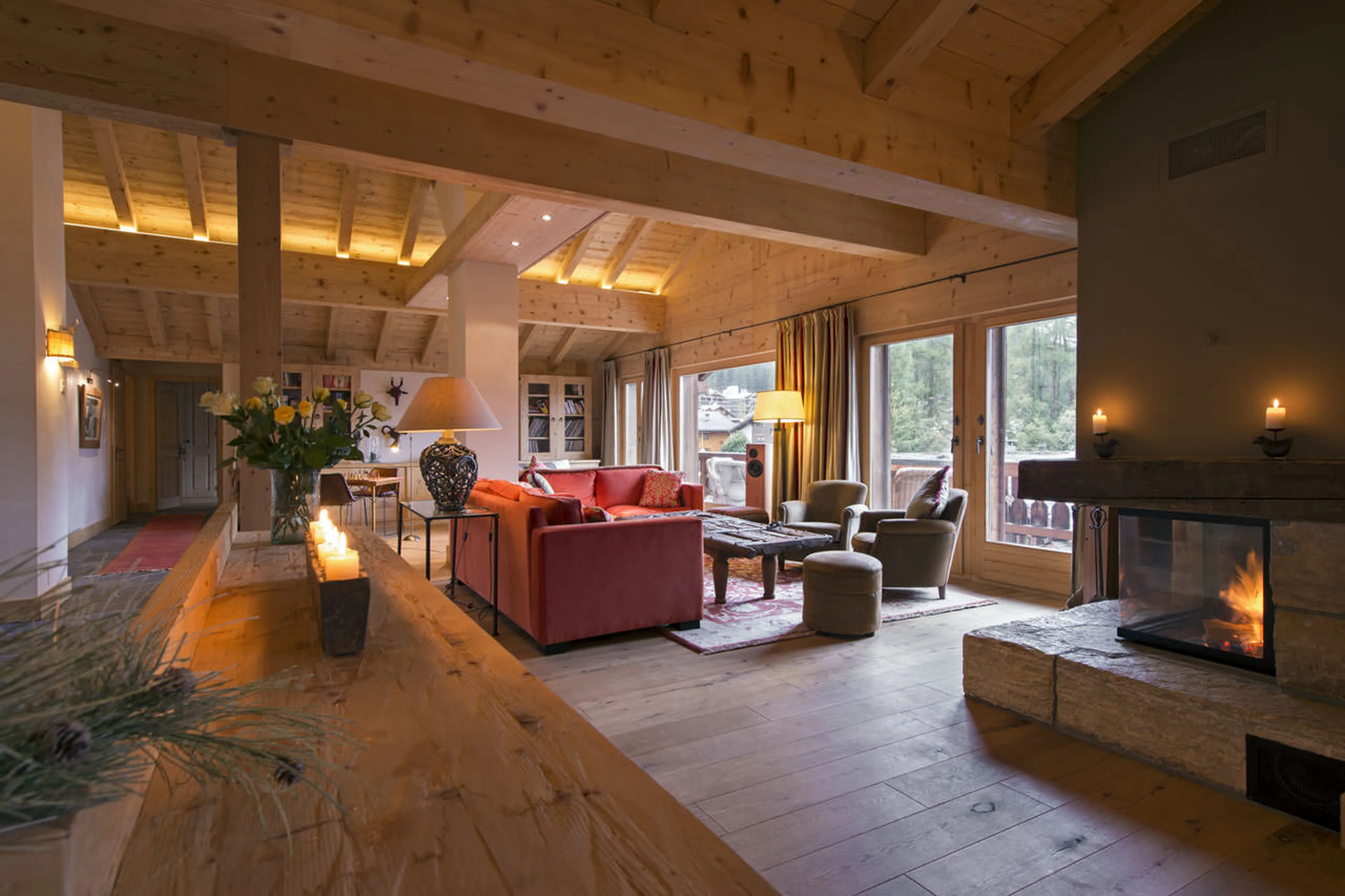 Open plan living area on top floor at Penthouse Deux Riviers in Verbier
