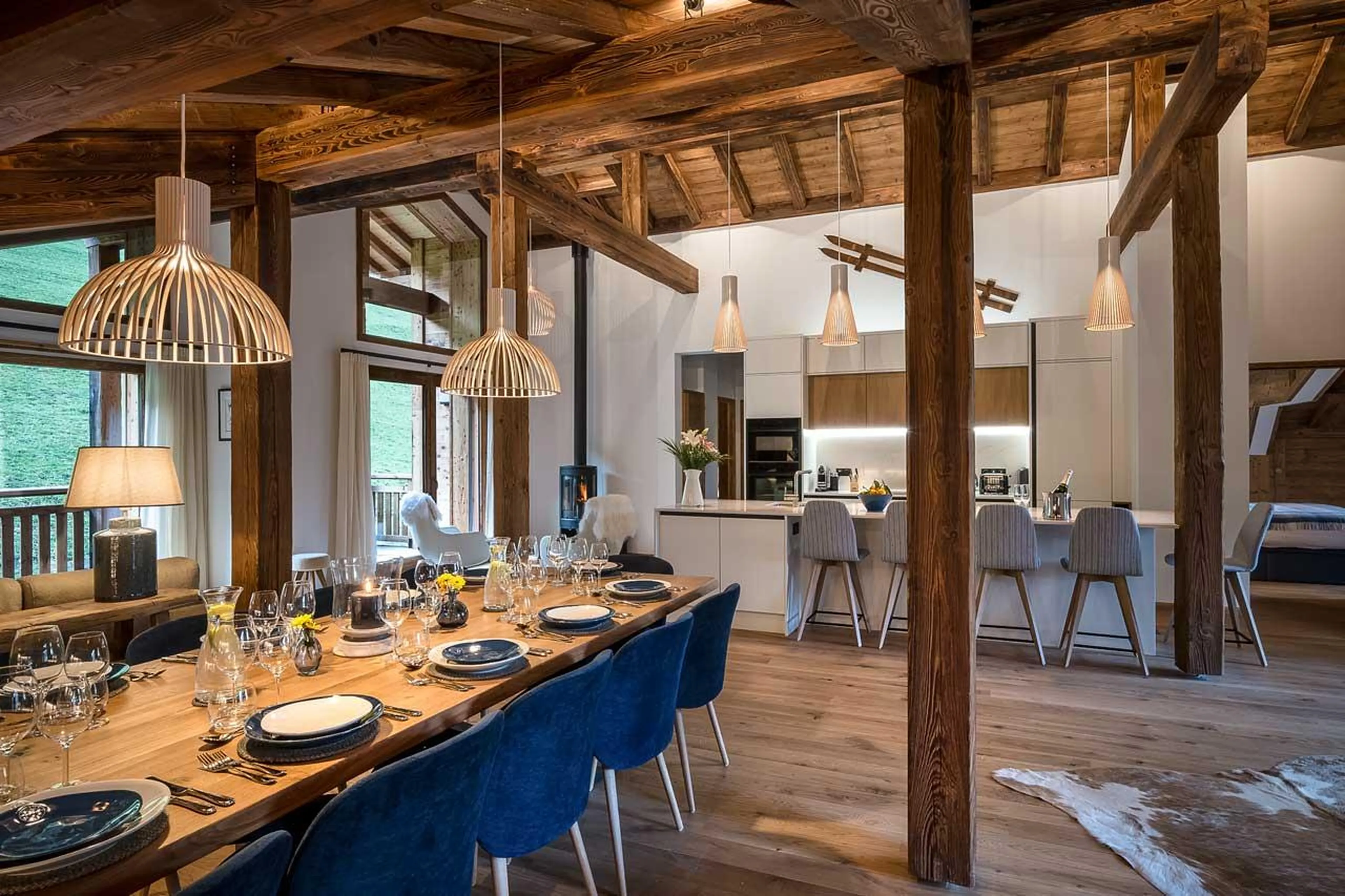 Dining table in open-plan living area in Penthouse Joy, Morzine