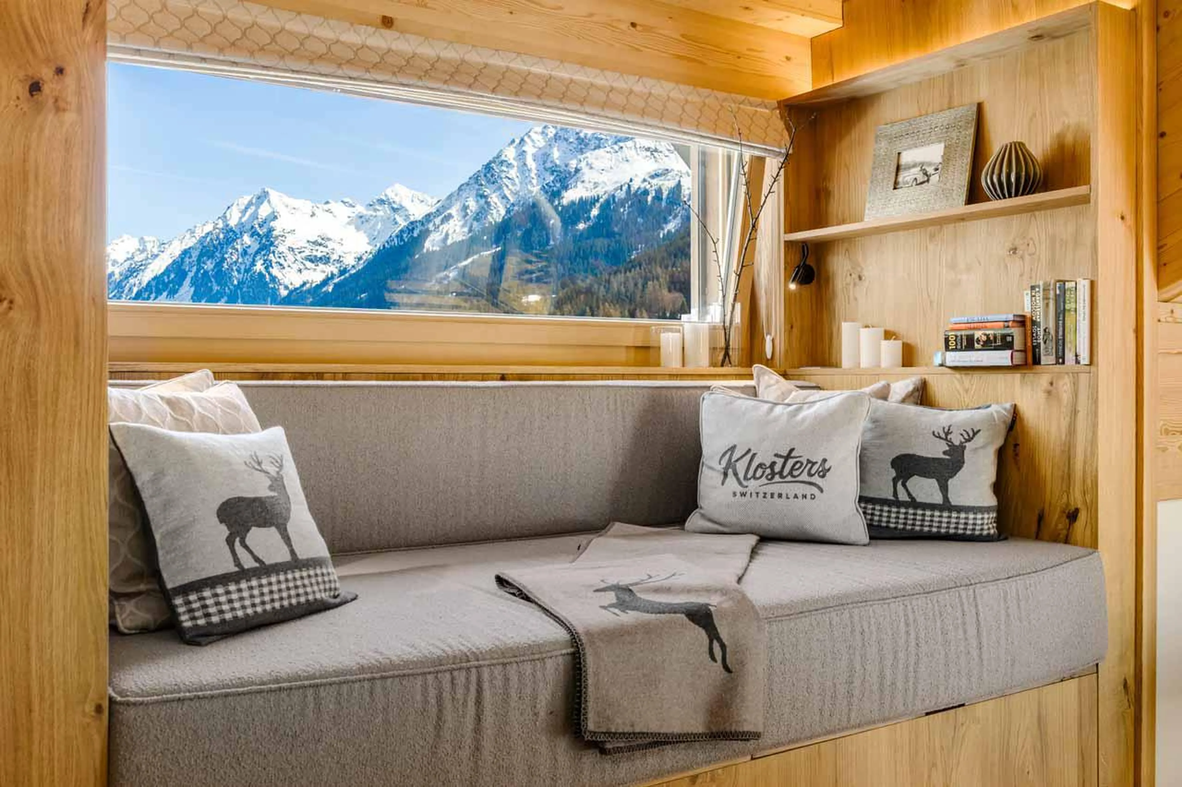 Mountain views from window seat at Penthouse Silvretta in Klosters
