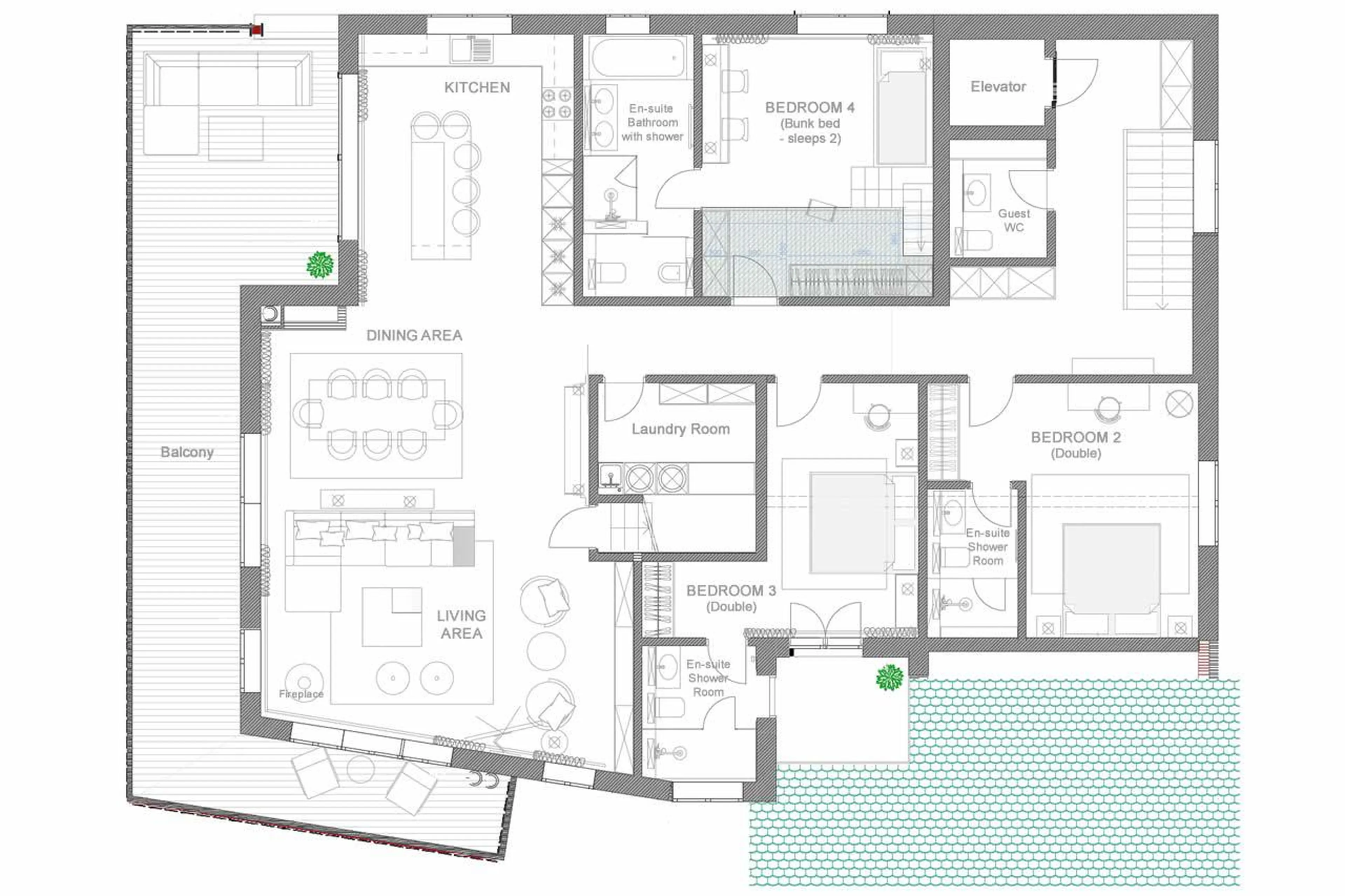 Lower level floor plan of Penthouse Silvretta in Klosters