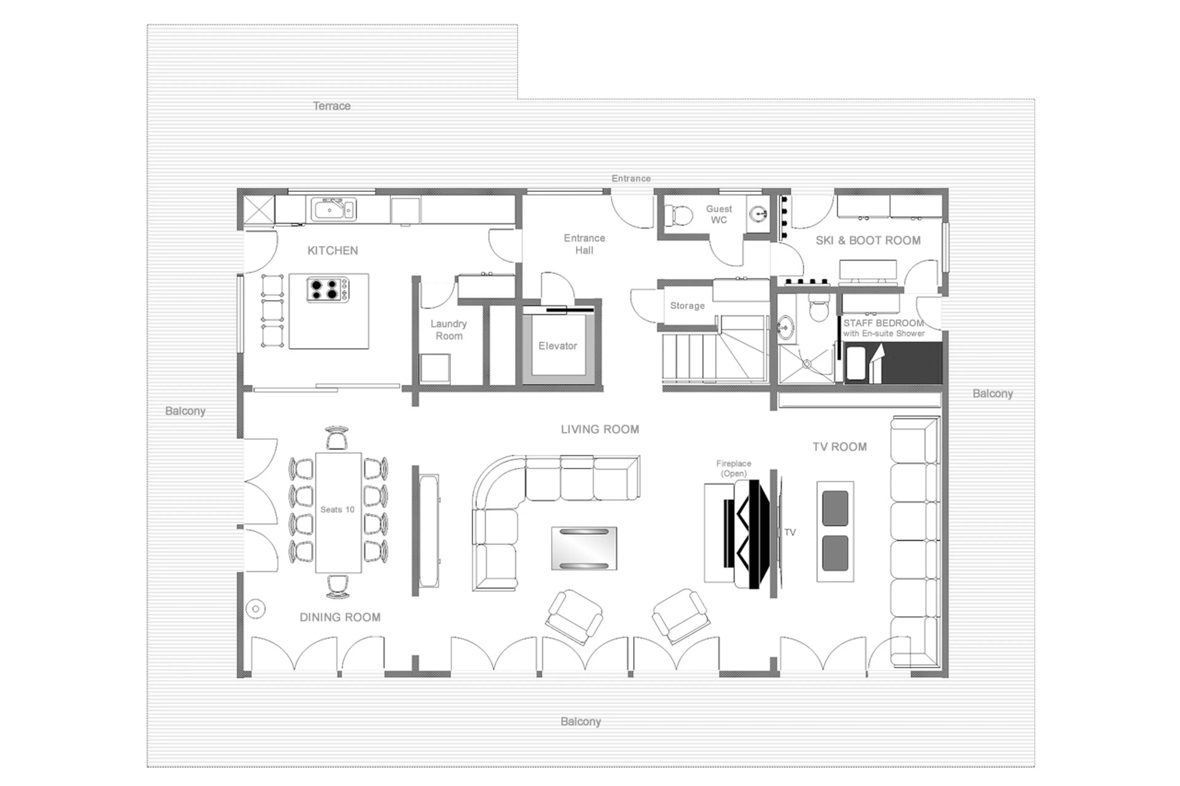 Lower level floor plan of Skyfall Penthouse in St Christoph