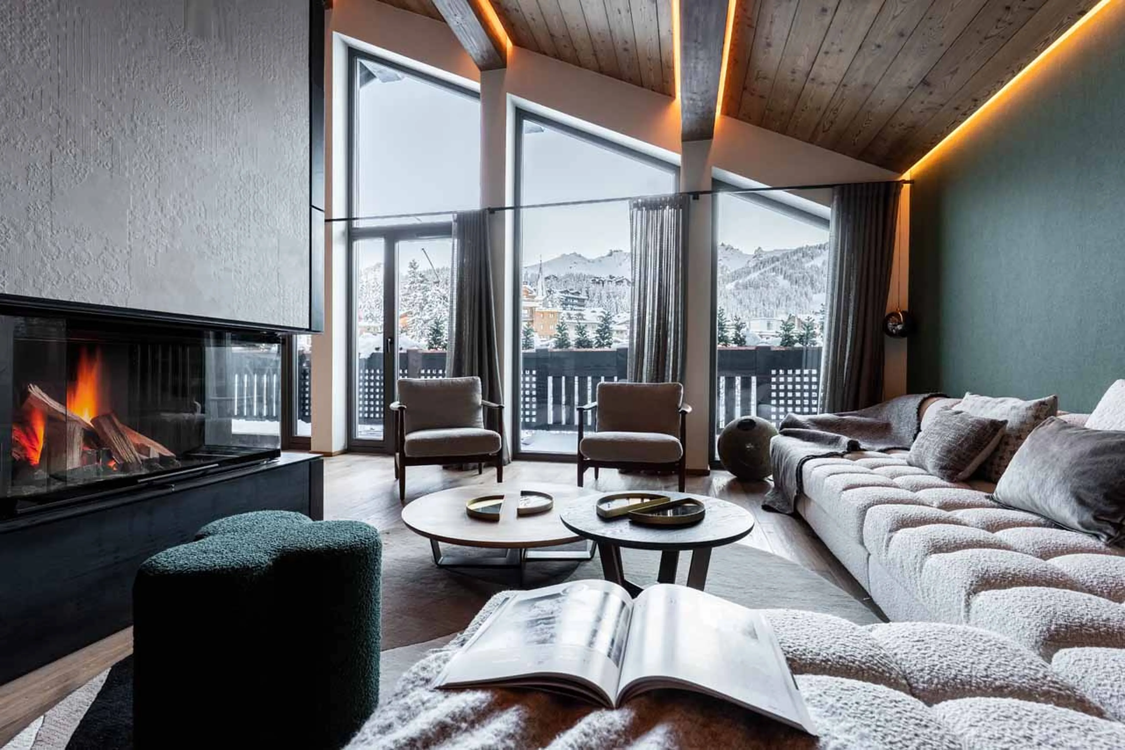 Living area fireplace at Penthouse The View in Courchevel 1850