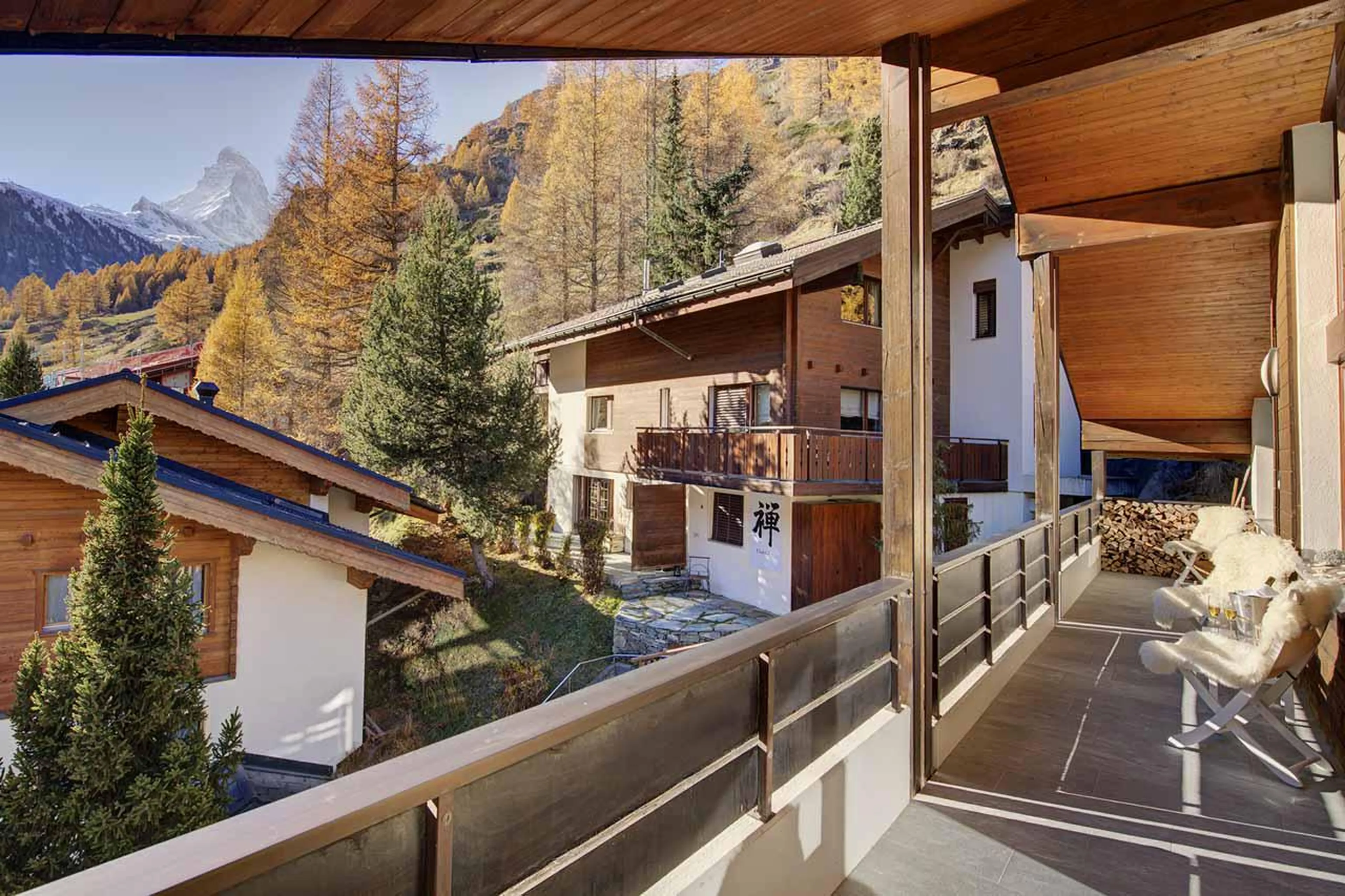 Large south-facing balcony at Penthouse Zen in Zermatt
